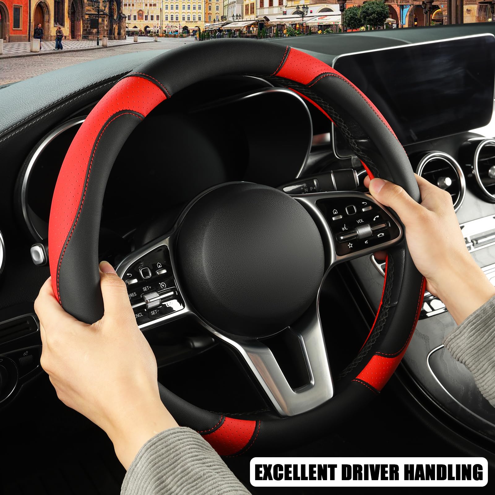 Binsheo Microfibre Leather Auto Car Steering Wheel Cover,Anti Slip 15 Inch,Black And Red