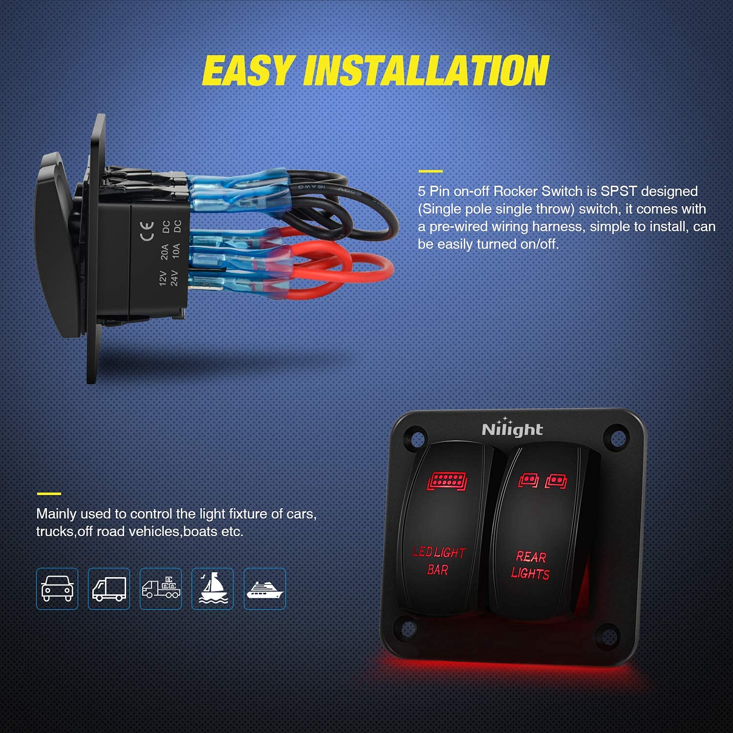 Nilight 2 Gang Rocker Switch Panel LED Light Bar Switch Rear Lights Switch 12 24V DC Red Switches 5Pin ON Off Pre Wired Toggle S