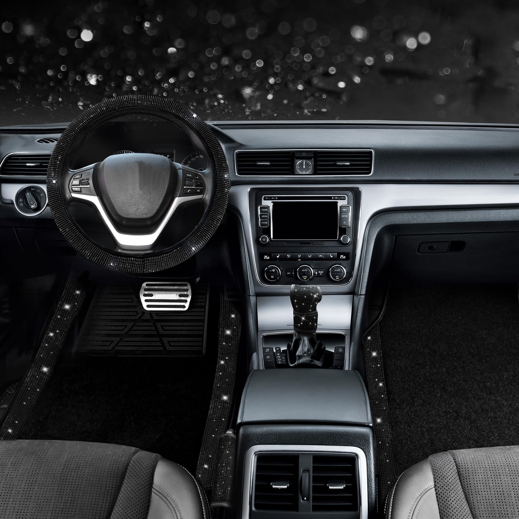 Valleycomfy Bling Steering Wheel Cover, Waterproof Diamond Floor Mats Sparkling 9-Pack Rhinestone Car Accessories For Women (Bla