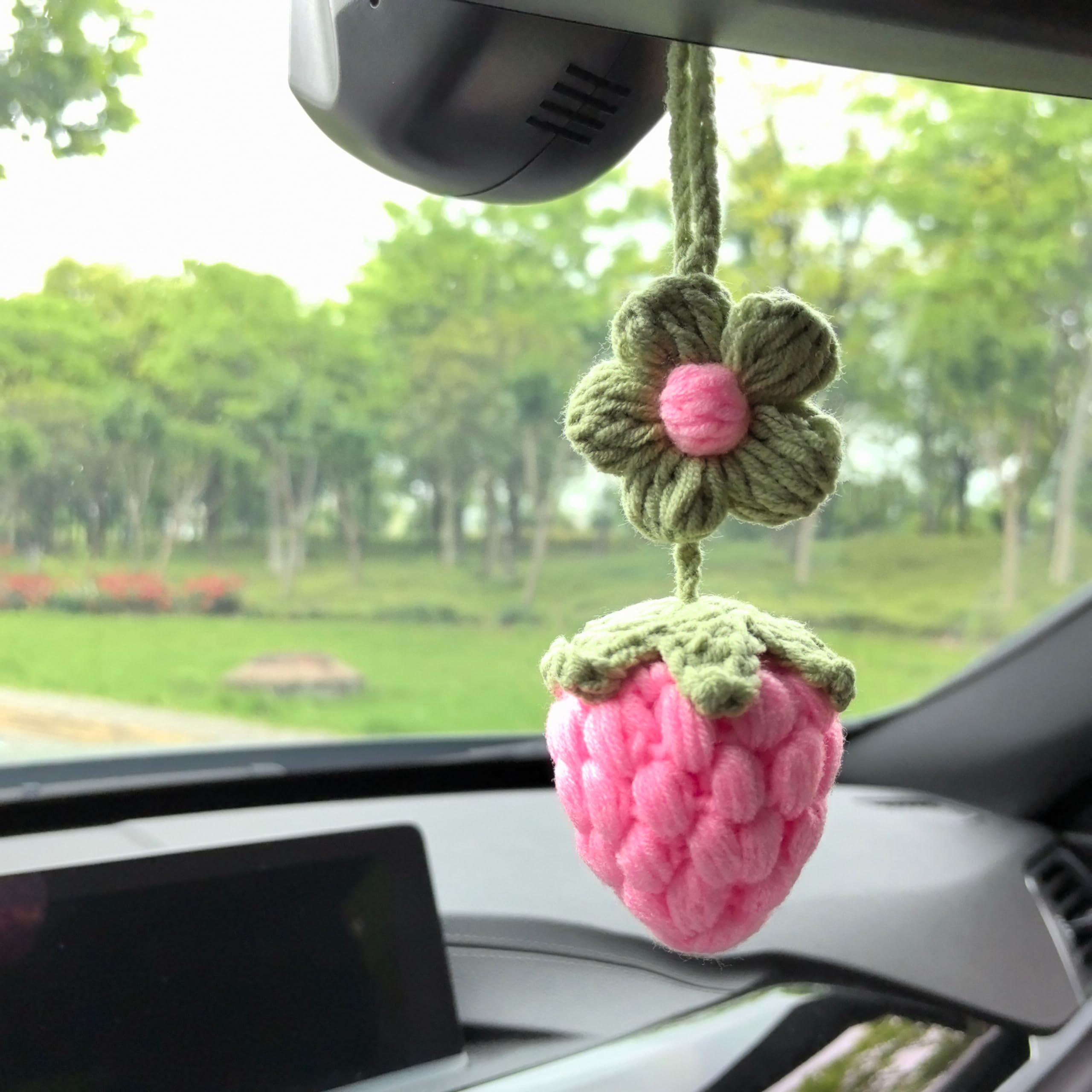 1Pc Rear View Mirror Hanging Accessory, Cute Pink Strawberry Car Decor, Crochet Hand Knitted Mirror Hanger