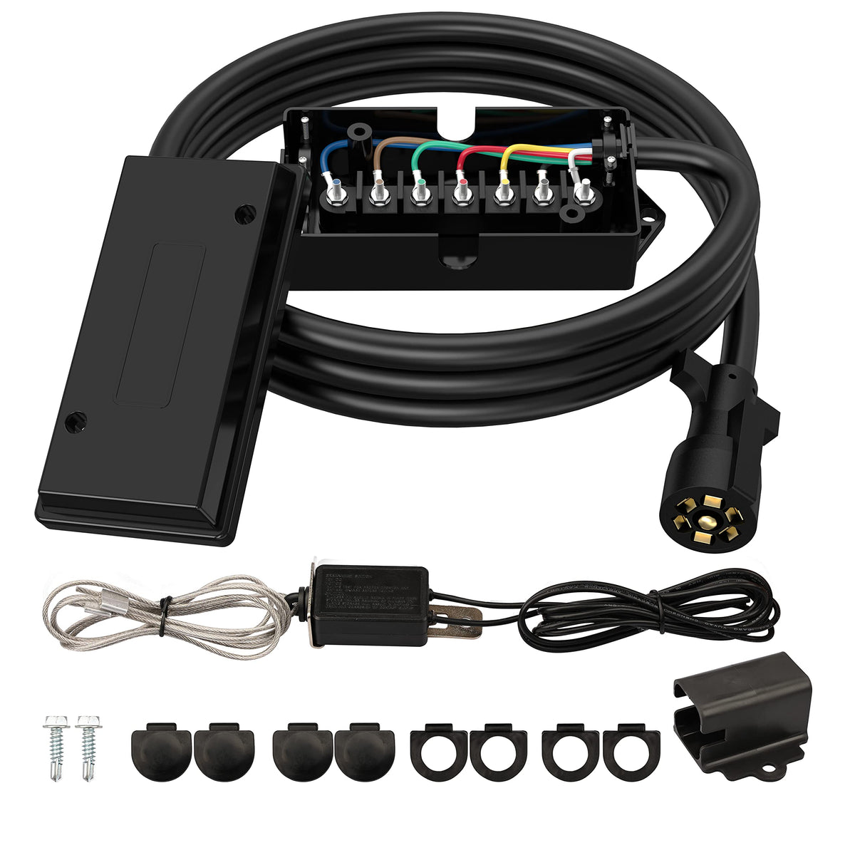 Rvguard 7 Way 8 Foot Trailer Cord With 7 Gang Junction Box Kit,Include 12V Breakaway Switch And Plug Holder, Trailer Connector C