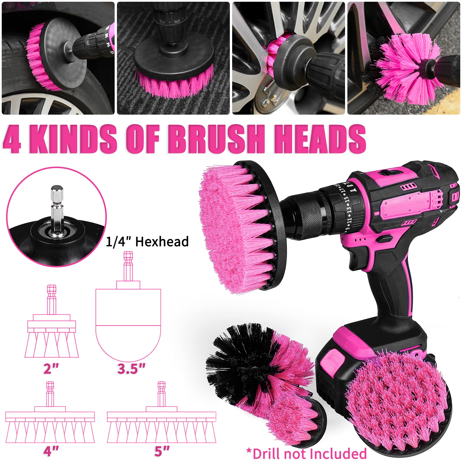 Viewsun 20Pcs Car Detailing Kit, Pink Interior Kit With Drill Brush Set, Windshield Cleaning Tool, Detailing Brushes, Wire Brush