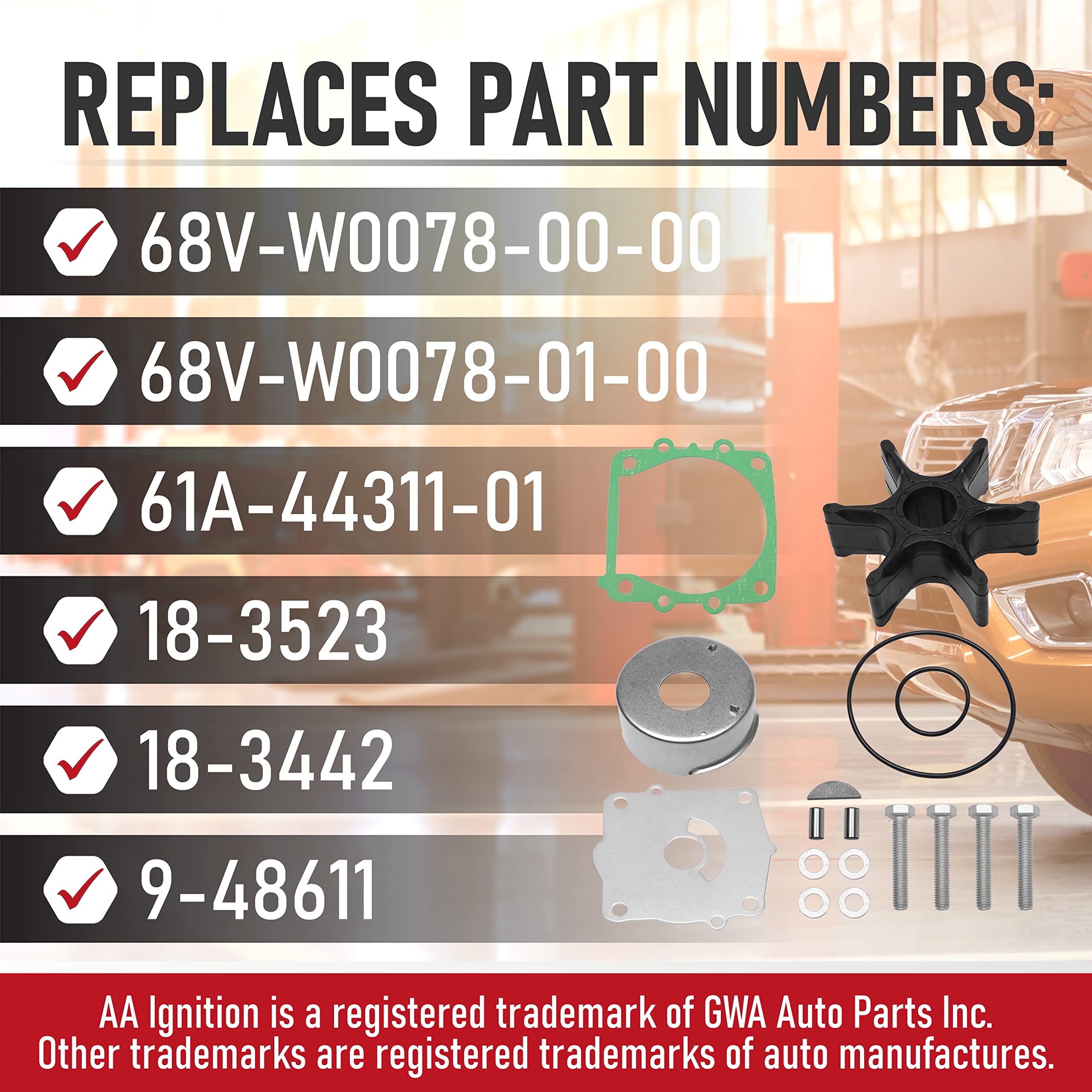 Water Pump Impeller Repair Kit - Replaces 68V-W0078-00-00, 18-3442 - Compatible With Yamaha 4-Stroke 75Hp-115Hp - 2002-2017 F115