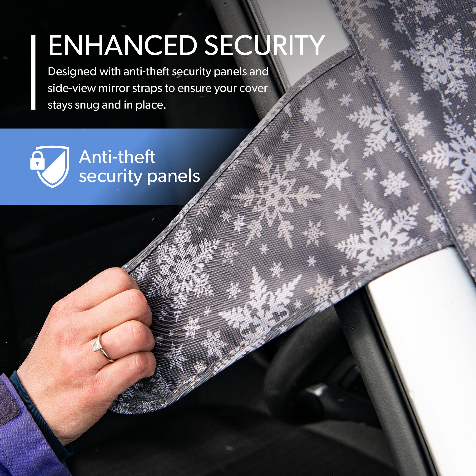 Frostguard Plus | Winter Windshield Cover For Ice And Snow, Standard Size (Snowflake) - Built-In Security Panels, Wiper Blade Co