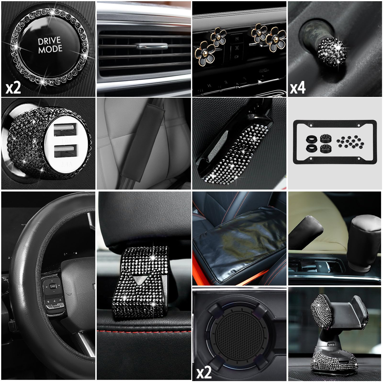 46 Pcs Bling Car Accessories Set for Women Leather Steering Wheel Cover Seat Belt Covers Diamond Rings Sticker Rhinestone Cup Ho