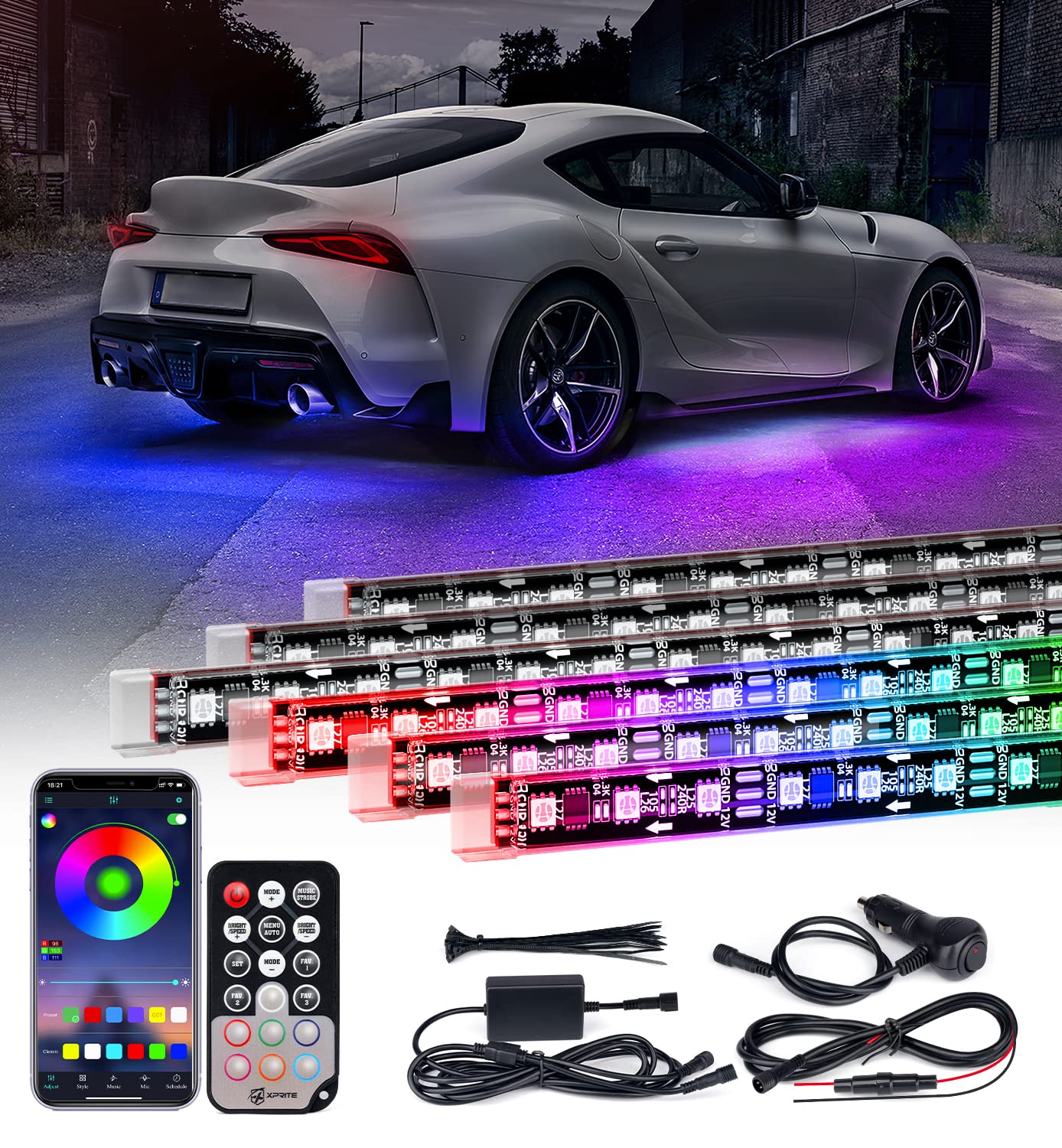 Xprite Car Underglow Light, 6 Pcs Under Glow Kit For Car With Dream Color Dancing Chasing, App & Remote Control 16 Million Color