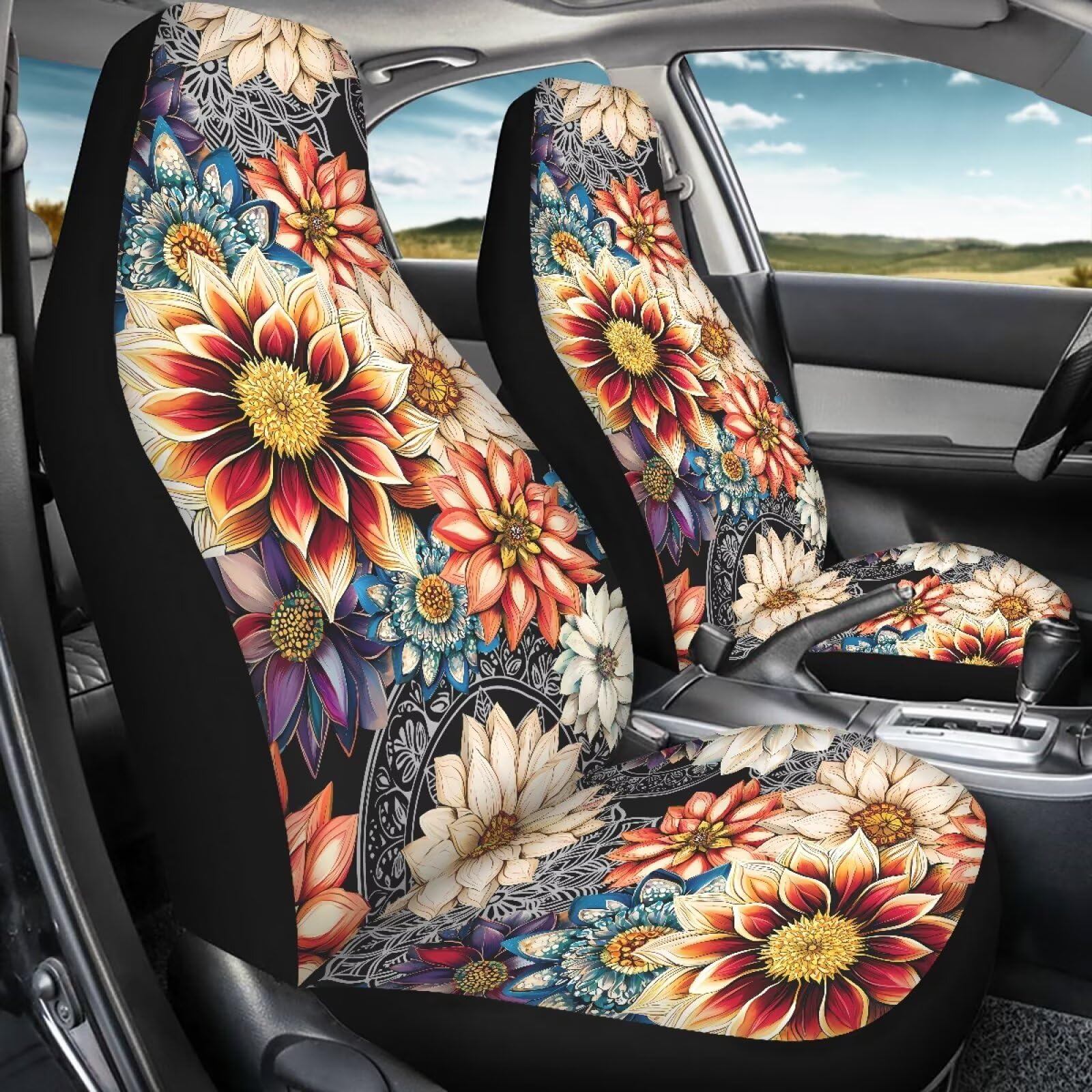 Toaddmos Dahlia Flowers Blossom Car Seat Covers For Front Seats Ethnic Style Bucket Seat Covers Universal Fit For Suv Truck Seda