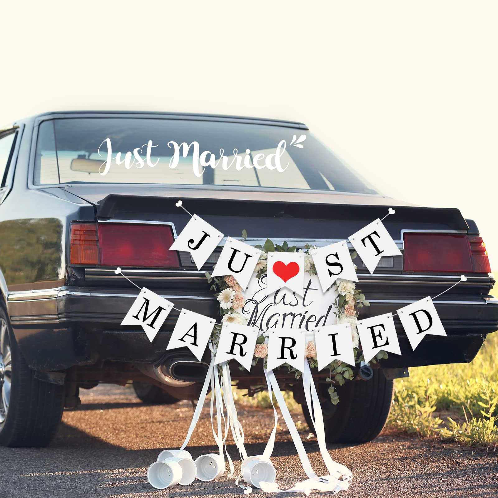Tallew 4 Sets Just Married Car Decorations Ornate Magnets 12 X 7.5, Wedding Day Car Window Decals 5.1 X 22.4, Just Married Sign Banner Decorations For Honeymoon Wedding