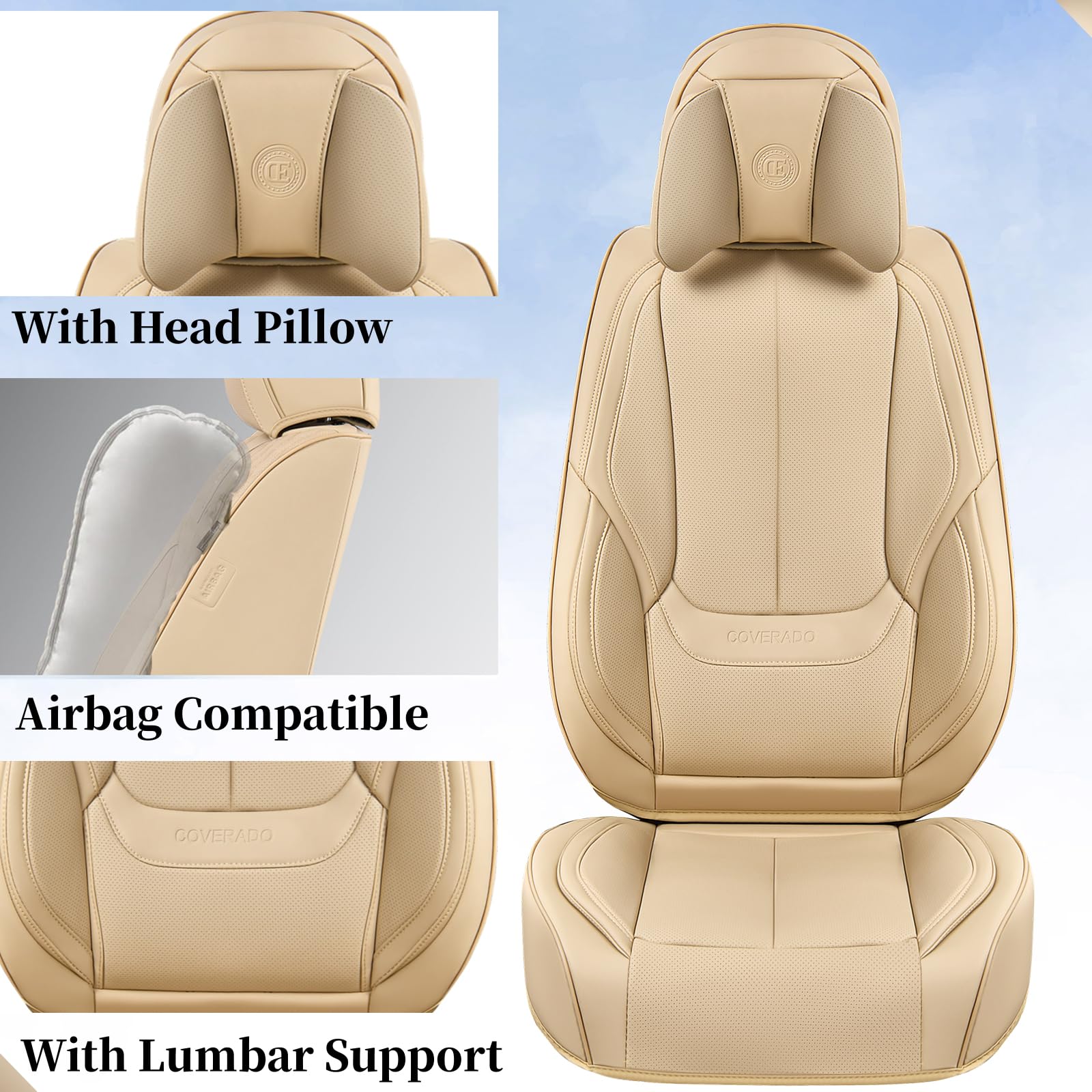 Coverado Universal Seat Covers Front, 2-Pack Universal Seat Covers For Cars, Waterproof Nappa Leather Car Seat Covers With Head