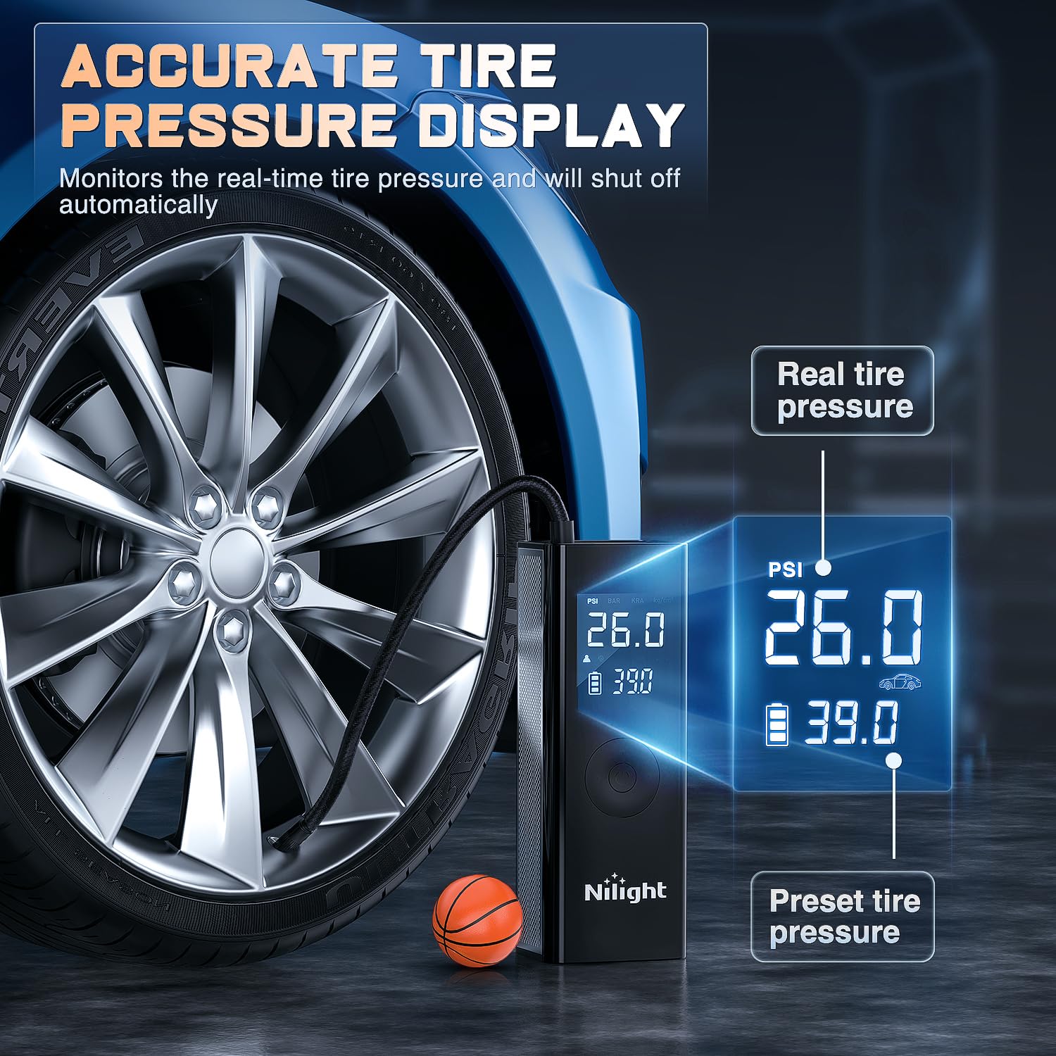 Nilight Tire Inflator Portable Air Compressor Battery Powered Rechargeable 12Vdc 150Psi Cordless Tire Pump W/Digital Pressure Ga