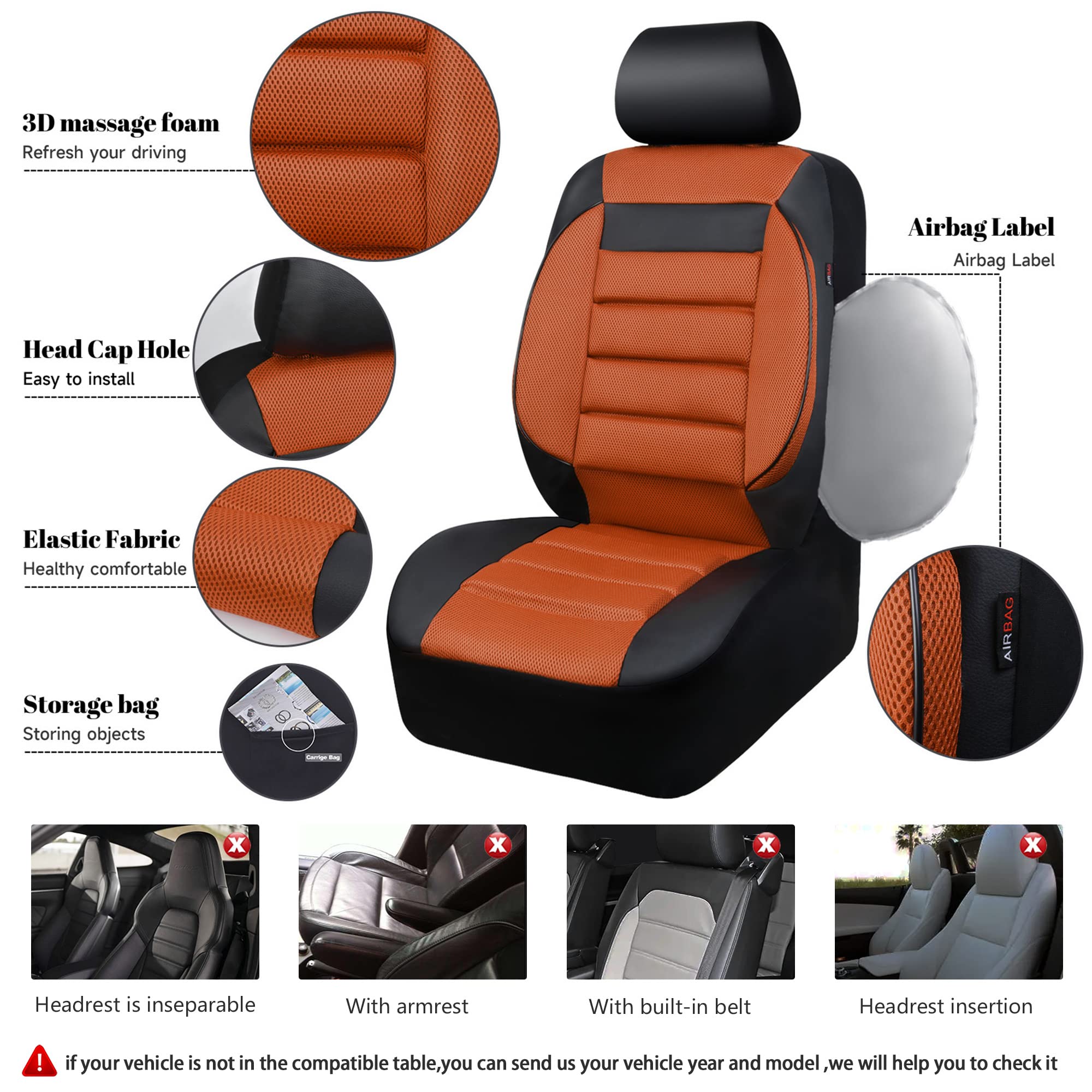 Car Pass Leather 3D Foam Back Support Car Seat Covers Full Set Air Mesh Auto Seat Covers, All Season Car Seat Cover Fit Automoti