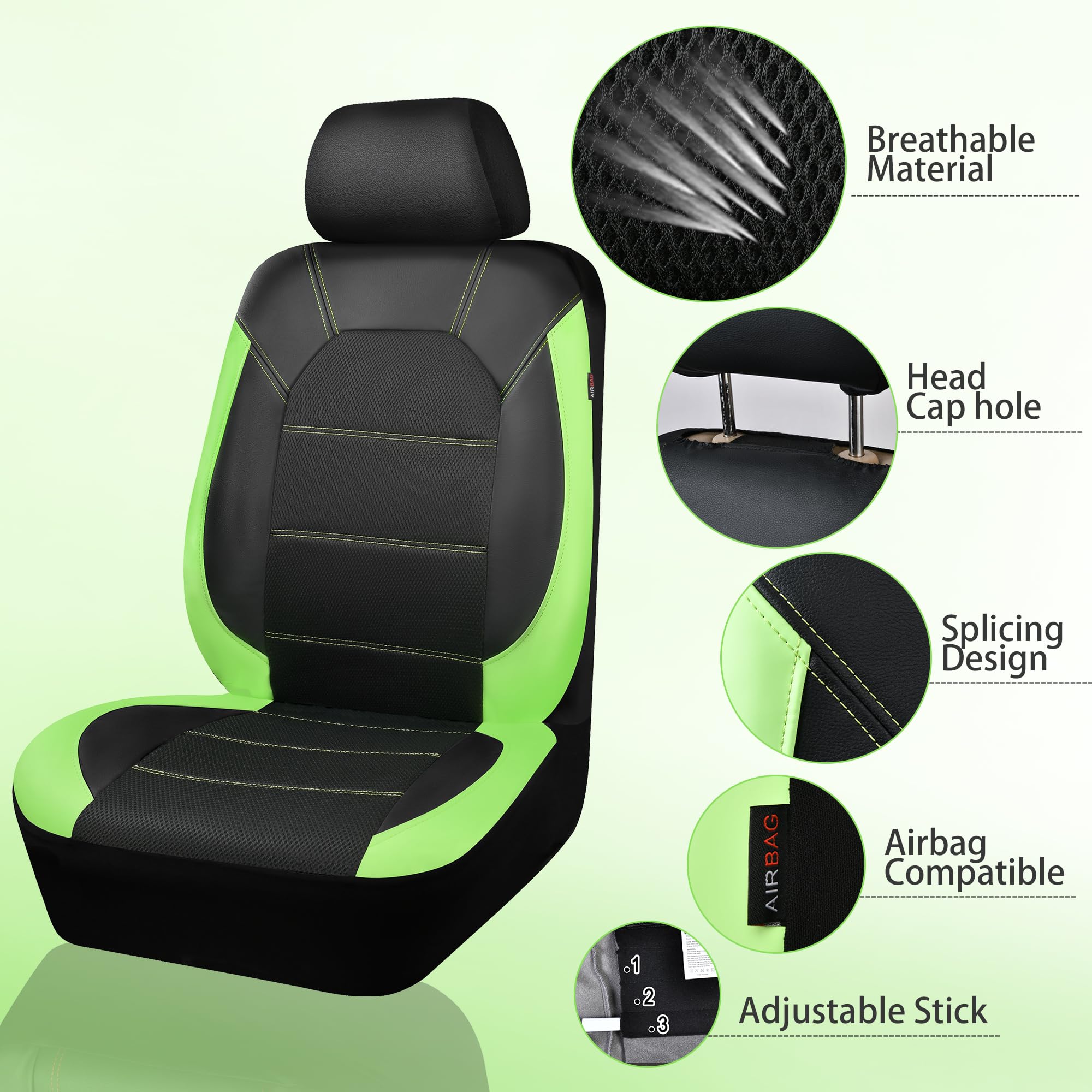 CAR PASS Luminous Green Leather seat Covers Universal Sport car seat Cover, 5mm Composite Sponge Inside, Airbag Compatible fits