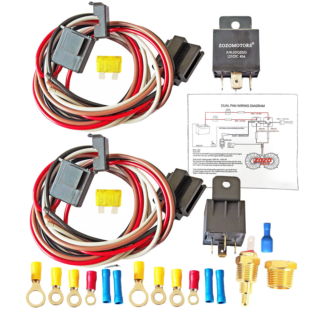 Zozomotors Dual Electric Fan Relay Kit Radiator Electric Fan Thermostat Kit Temperature Sensor Switch 185 On 175 Off, Automotive 40 Amp Cooling Fan Relay Switch Kit 4 Pin, Dual Electric Fan Wiring Kit