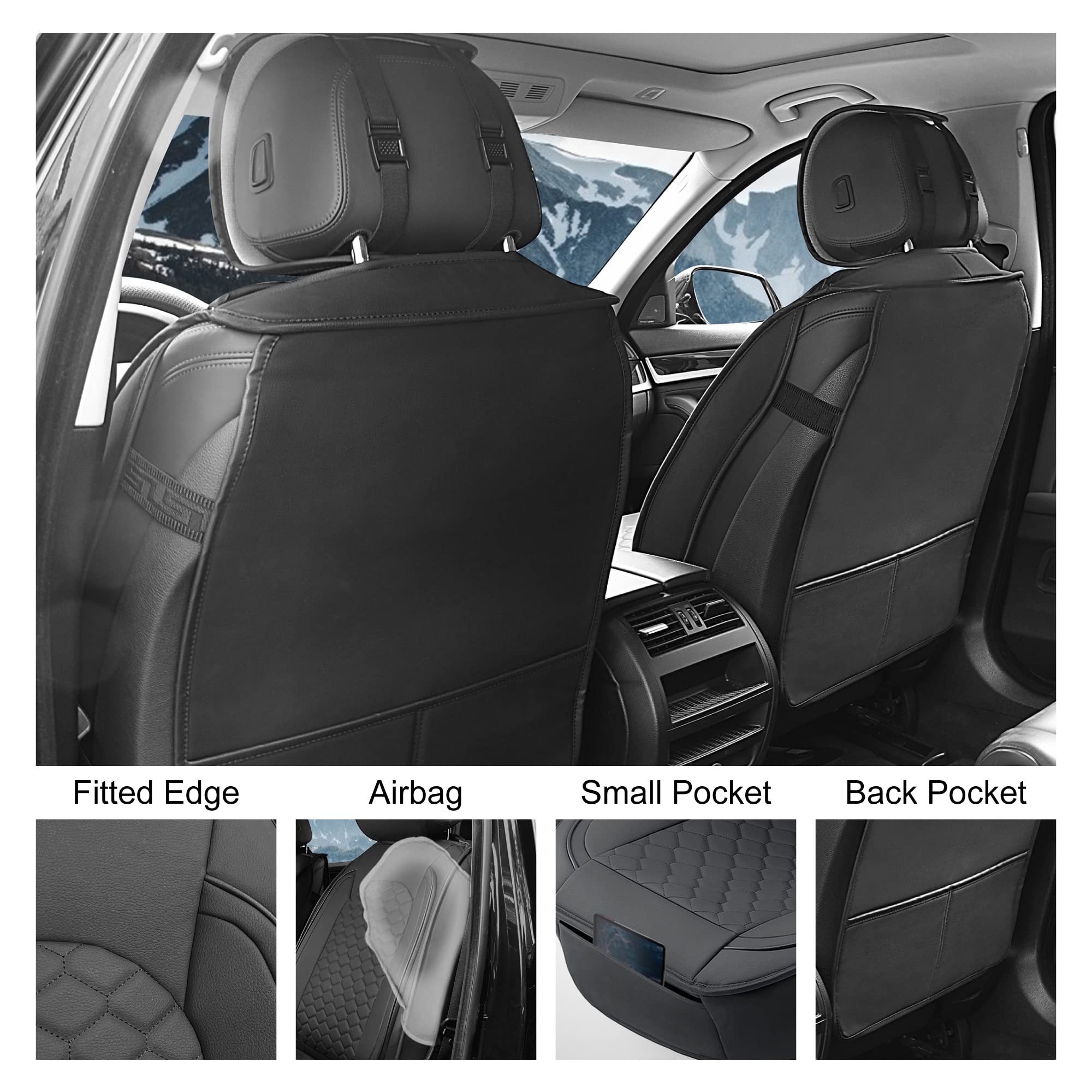 Elantrip Front Car Seat Cover Luxury Faux Leather Pocket With High Density Foam Non-Slip, Waterproof, Suitable For Cars, Trucks & Suvs (2Pc Black)