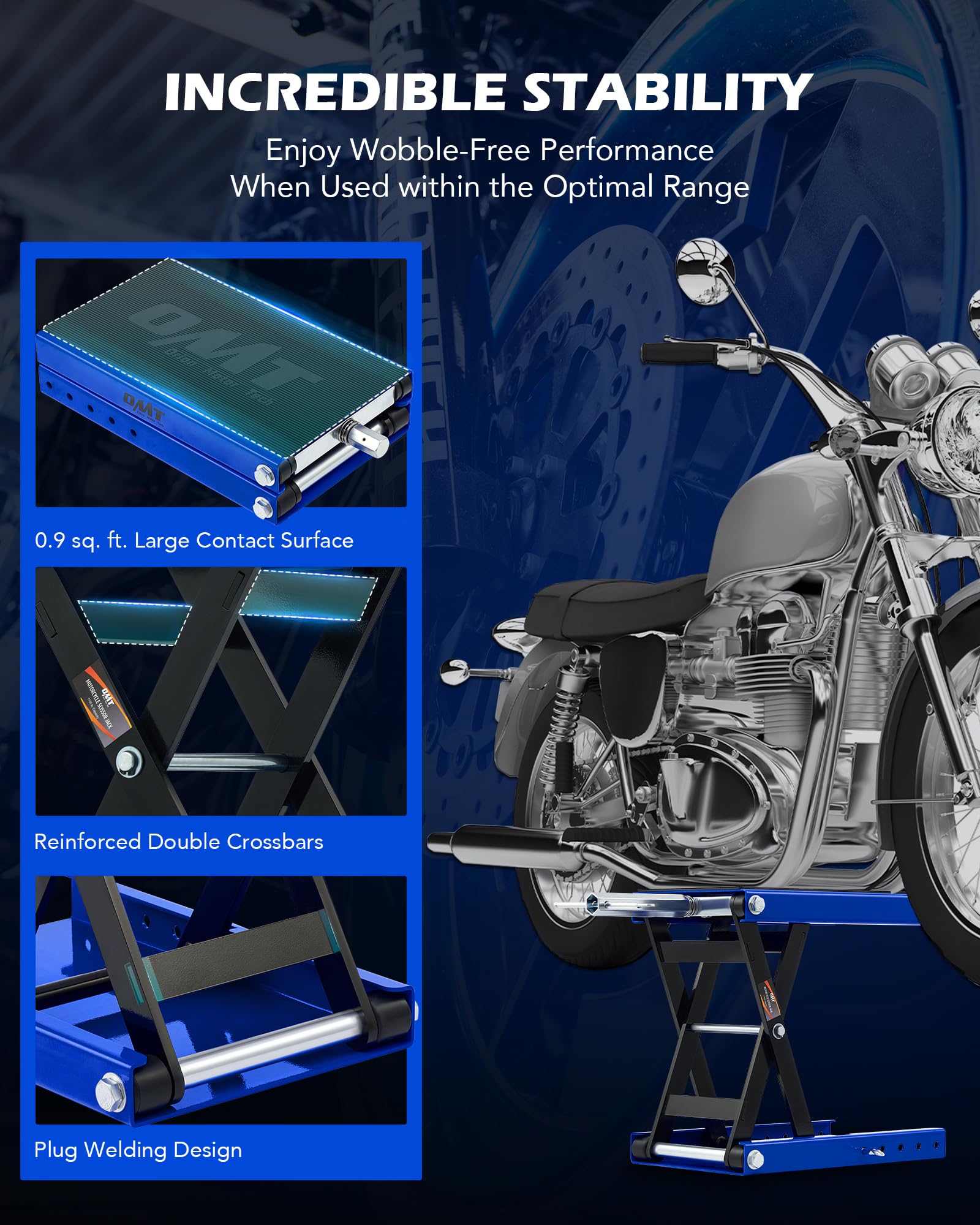 OMT Motorcycle Lift, 4-13 Inch Motorcycle Scissor Jack, 1100lb Capacity Wide Deck Motorcycle Center Stand and 1/2 Ton Scissor Li