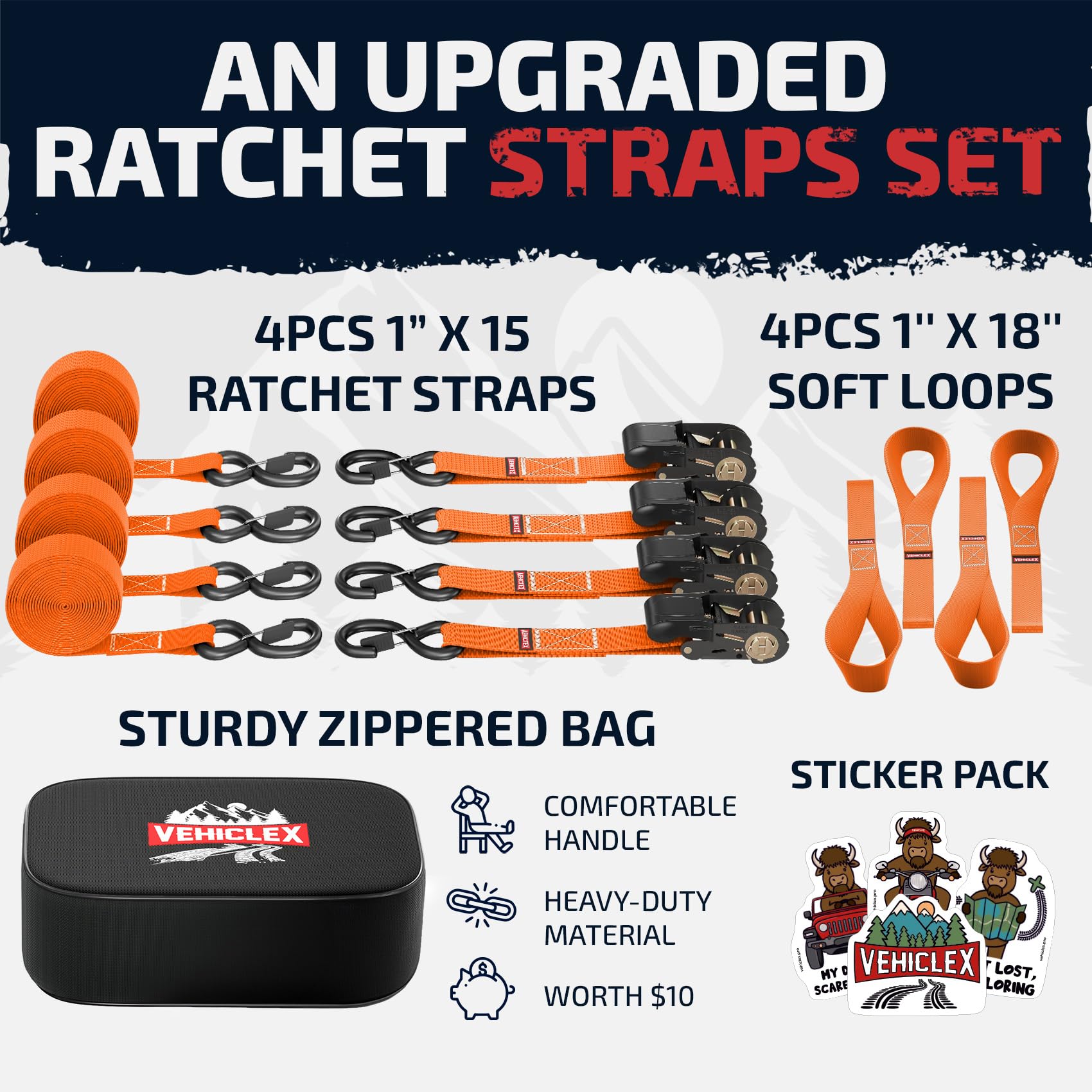 Vehiclex 4 Ratchet Straps Set (1'' x 15', 2200lbs Breaking Strength) - Soft Loops, Coated S-Hooks, Comfortable Handle, Storage B