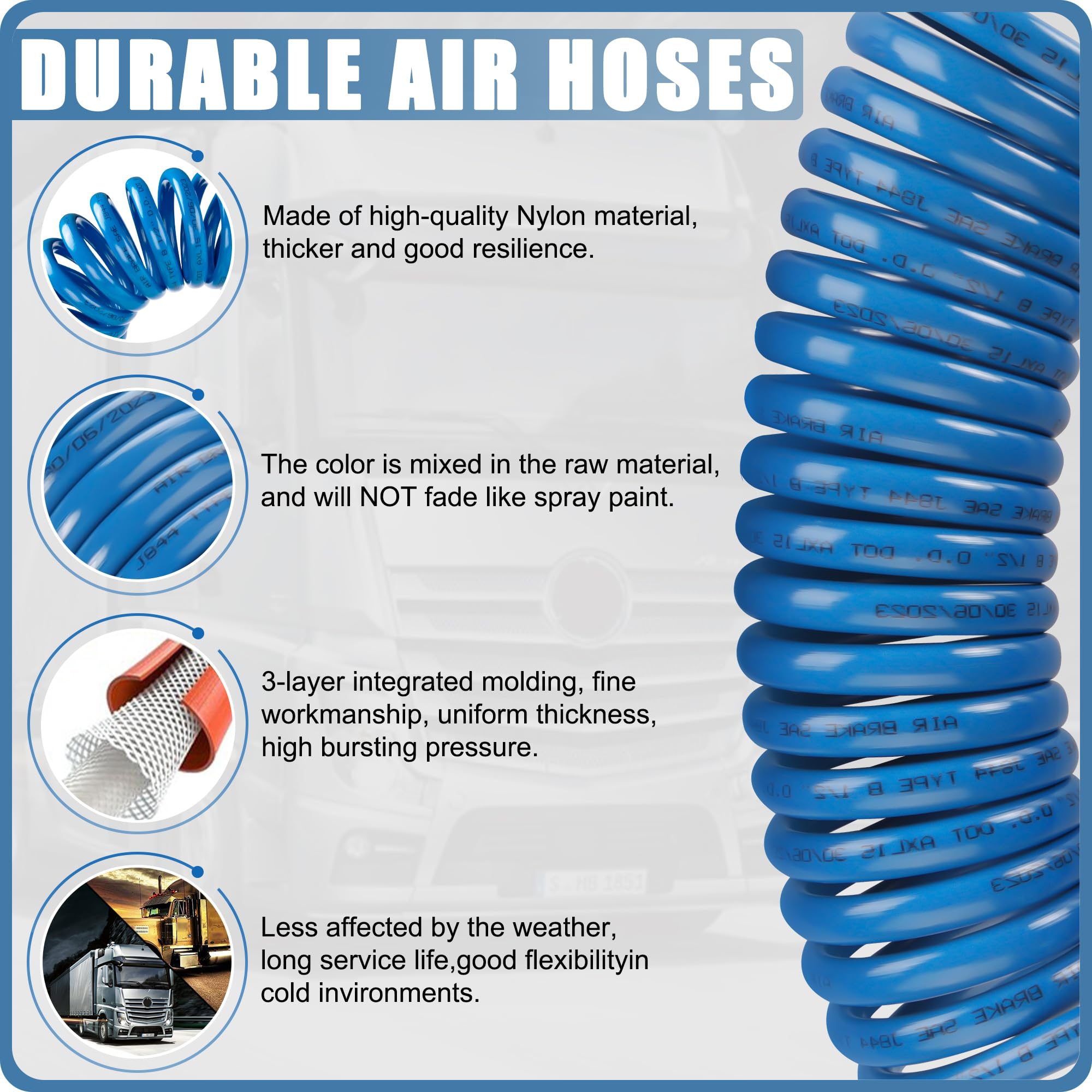 Ailbiuko Air Brake Line Hose Coil Assembly Coiled Set 15 Ft Air Lines Red Blue Hoses For Semi Truck Tractor Trailer,1/2'' Npt Do