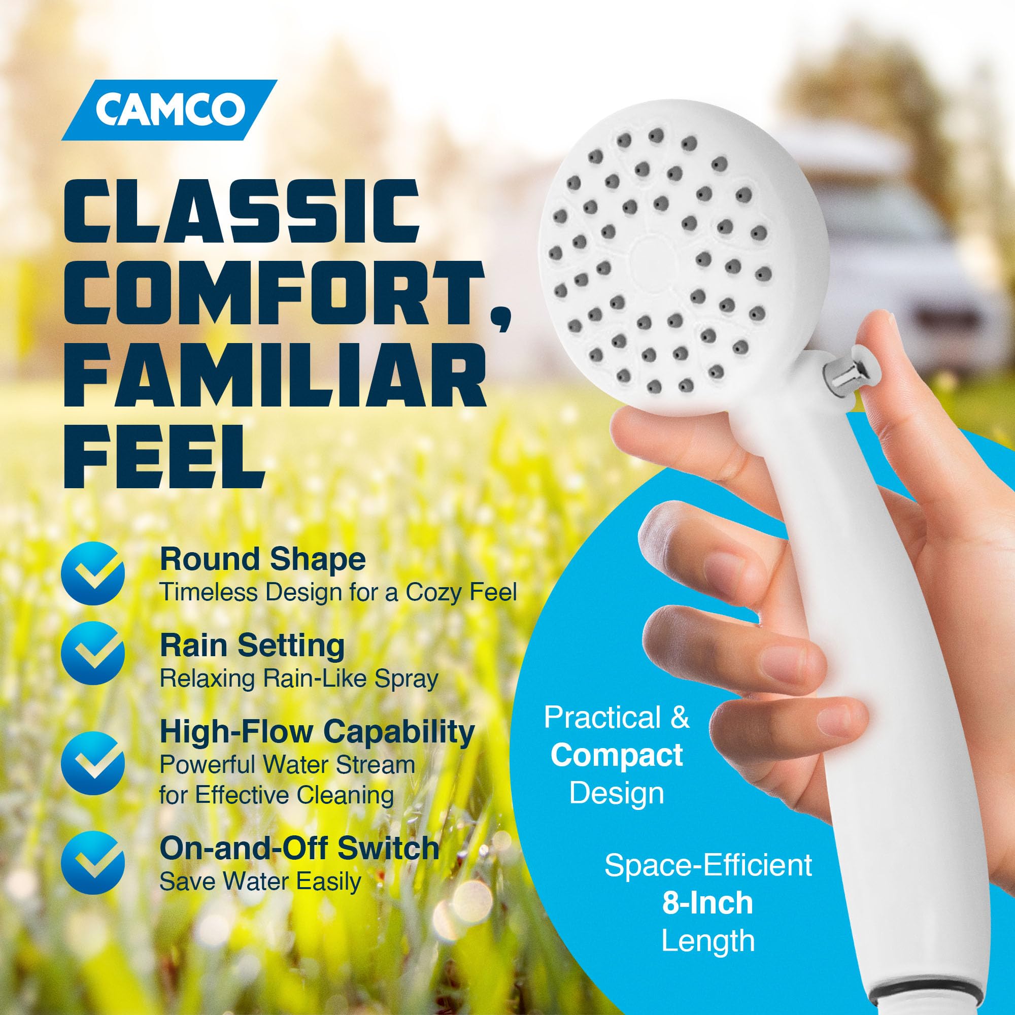 Camco Rv Outdoor Shower Head | High Flow Shower Head | Conserve Water With Convenient On/Off Switch | White (44023)