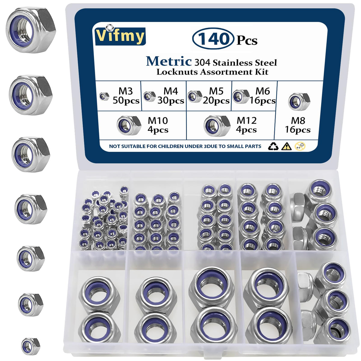 Vifmy Locknuts Assortment Kit,M3 M4 M5 M6 M8 M10 M12 140Pcs Metric Nylon Insert Lock Nuts Set,304 Stainless Steel Lock Nuts