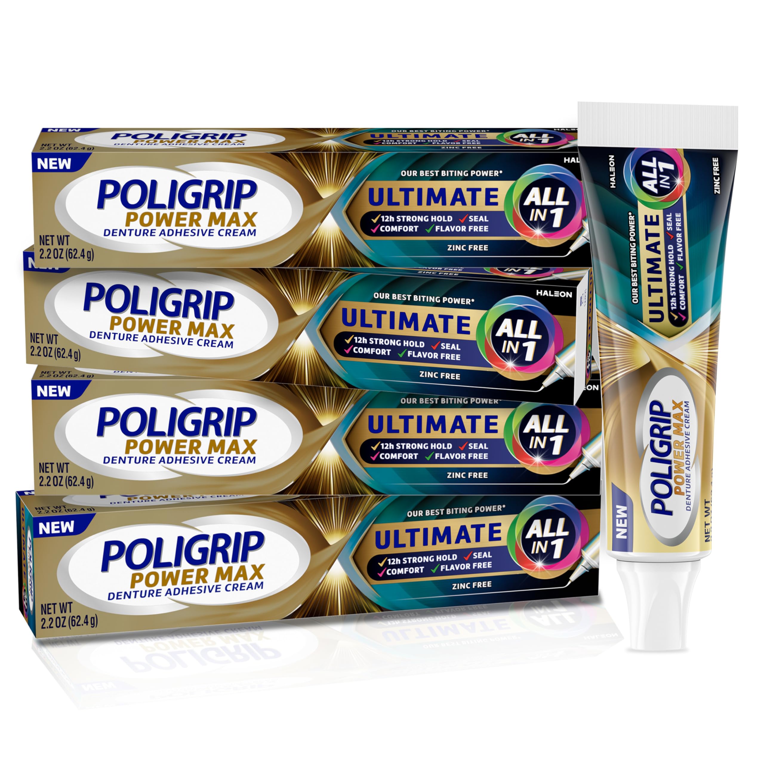Poligrip Power Max Ultimate All-In-1 Denture Adhesive Cream  Zinc Free  2.2 oz (4 Pack)-New