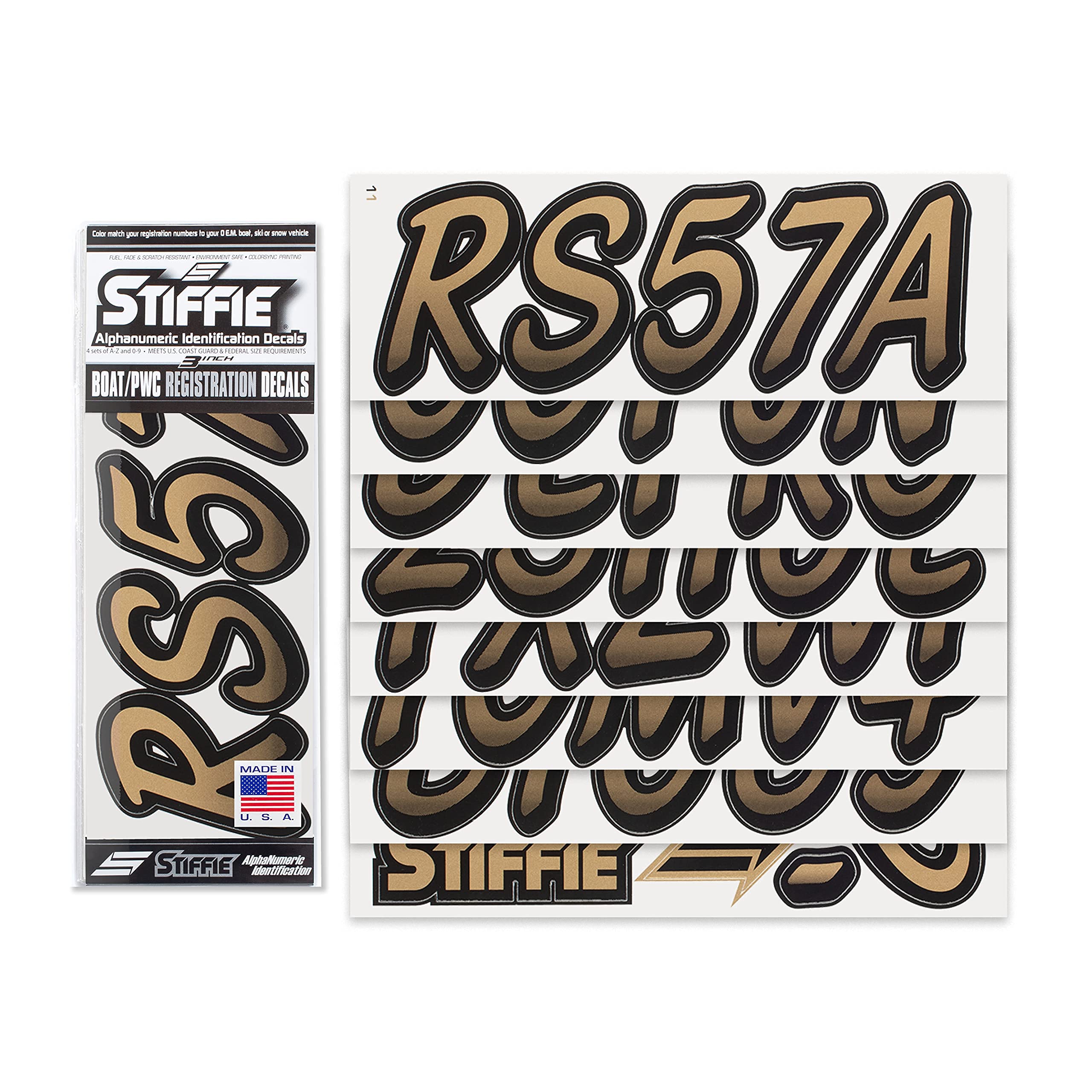 Stiffie Whipline Metallic Gold/Black 3 Alpha-Numeric Registration Identification Numbers Stickers Decals For Boats & Personal Watercraft