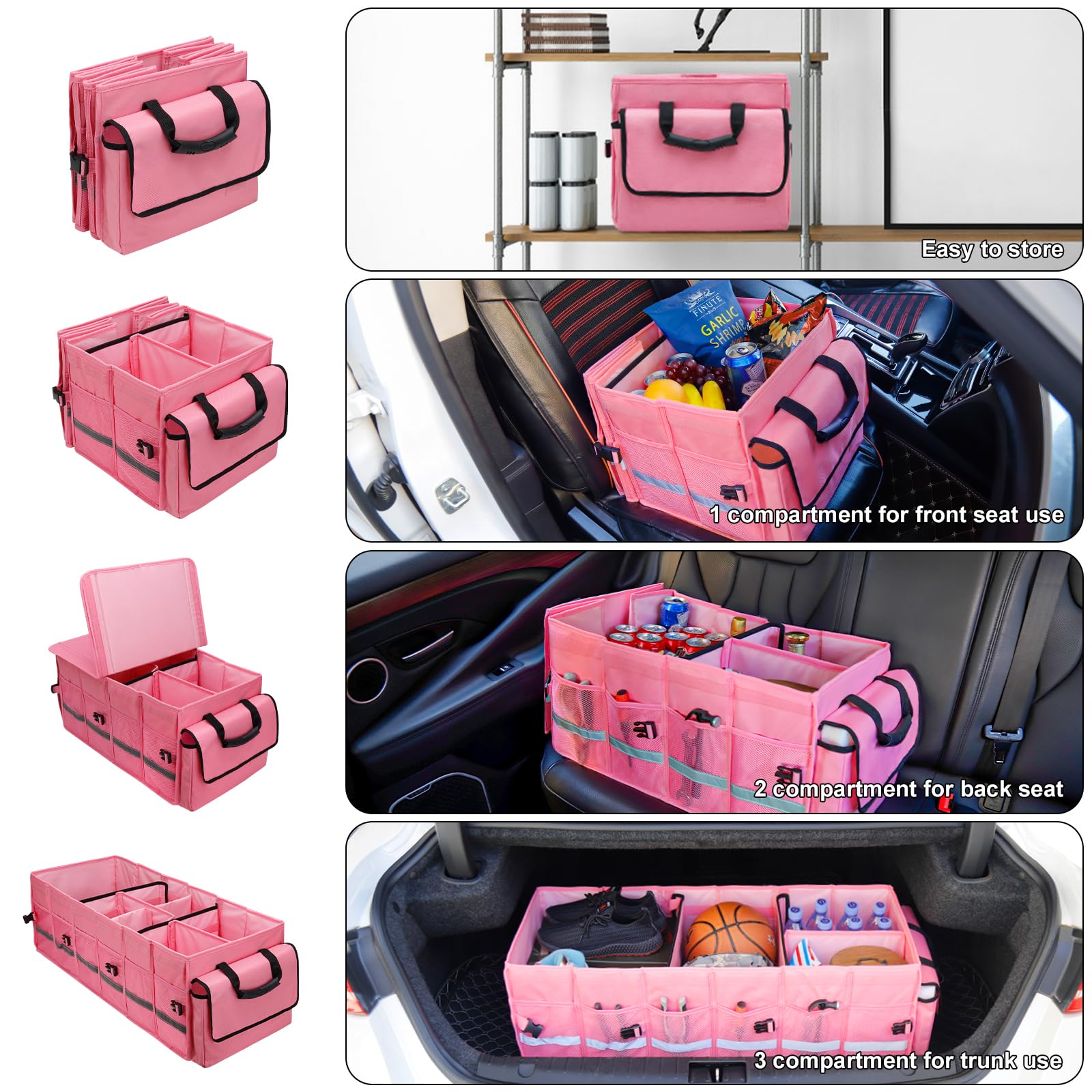 GDNasist Pink Car Trunk Organizer with Lid & Removable Cooler Bag - Collapsible Large Storage for SUV, Jeep, MPV, BMW