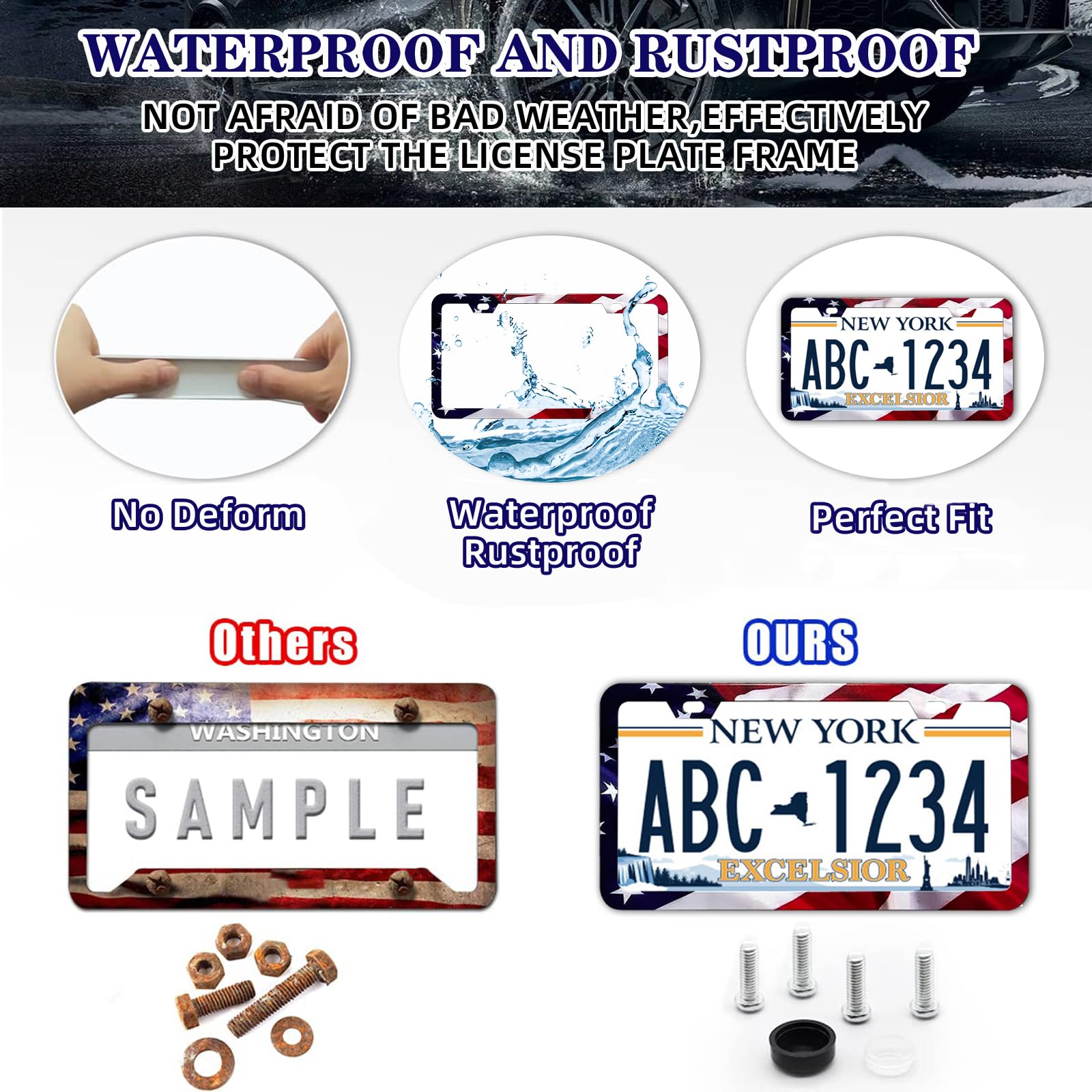 Lin Kang Patriotic American Flag License Plate Frame Holder - 2 Pack Universal Aluminum Matte Stripe Us Flag Gloss Car Plate Fra