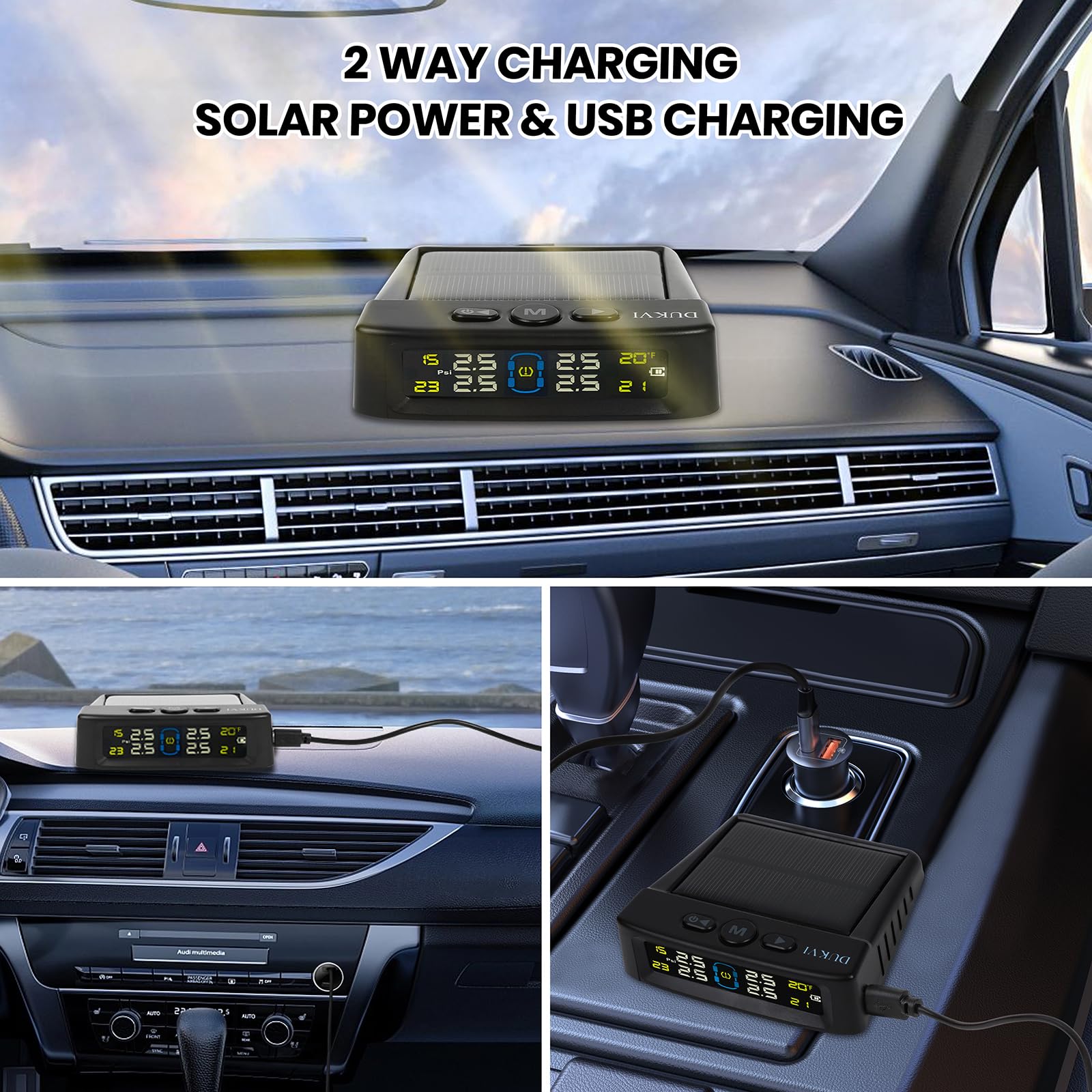 RV Tire Pressure Monitoring System with Solar and USB Charger, Trailer TPMS with 4 Sensors & 6 Alarm Modes, LCD Display Screen,
