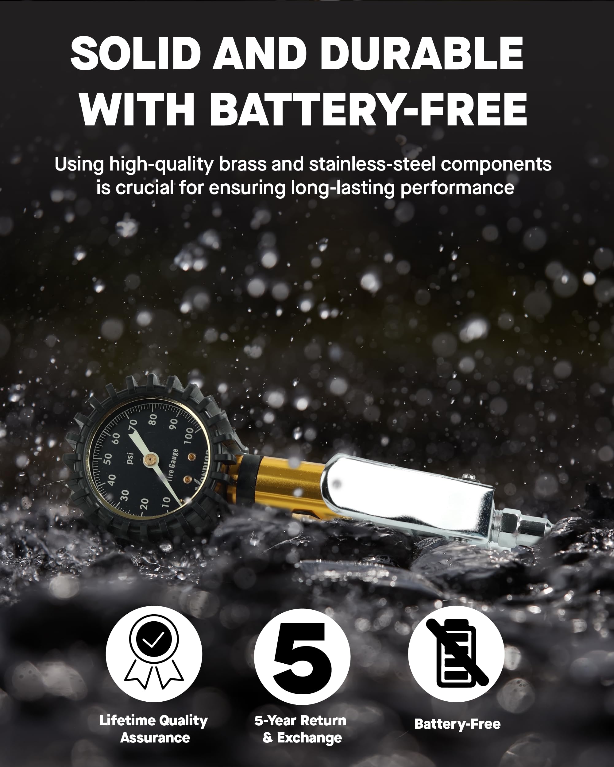 Vondior Tire Inflator With Pressure Gauge(0-100 Psi) - Ansi B40.1 Accurate, Large 2'' Glow Dial, Premium Braided Hose, Durable R