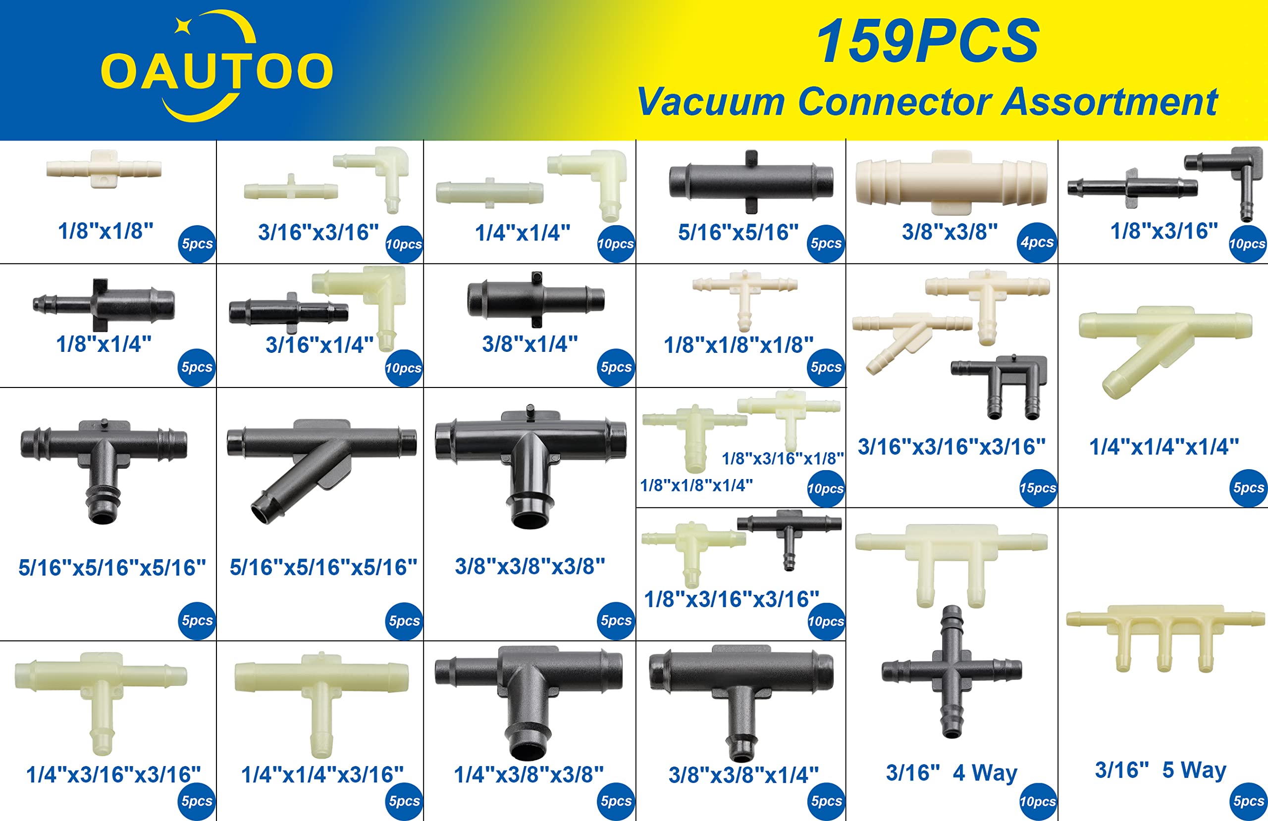 Oautoo 32 Size Automotive Vacuum Tubing Connector Vacuum Tee Connector Assortment Kit 1/8'' 3/16'' 1/4'' 5/16'' 3/8''