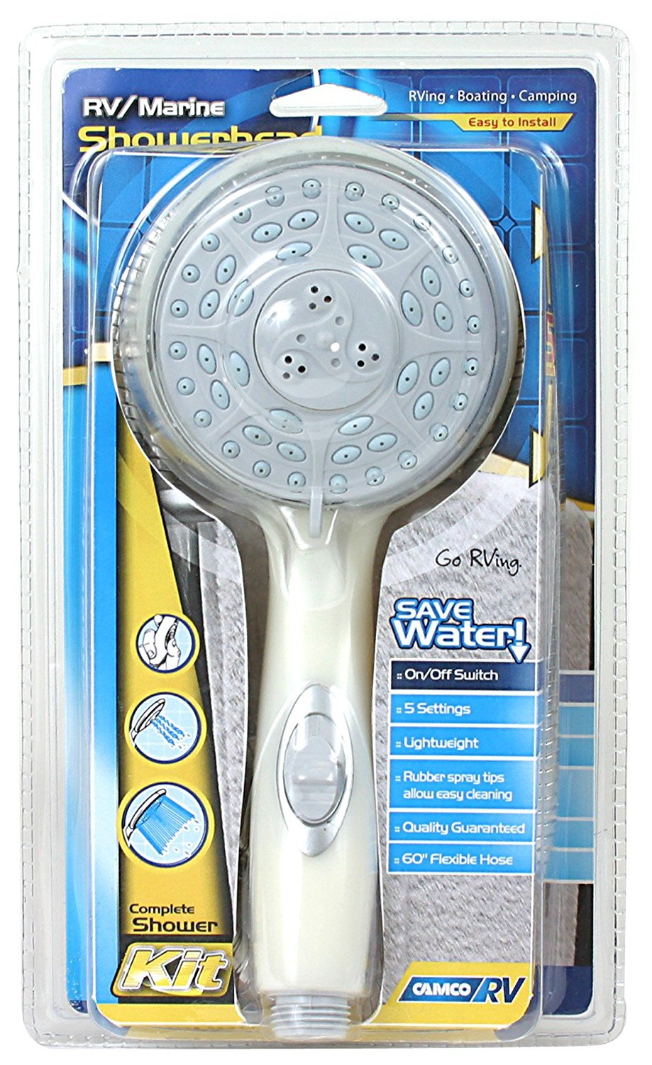 Camco 43715 RV Shower Head Kit with On/Off Switch and 60'' Flexible Shower Hose (Off-White)