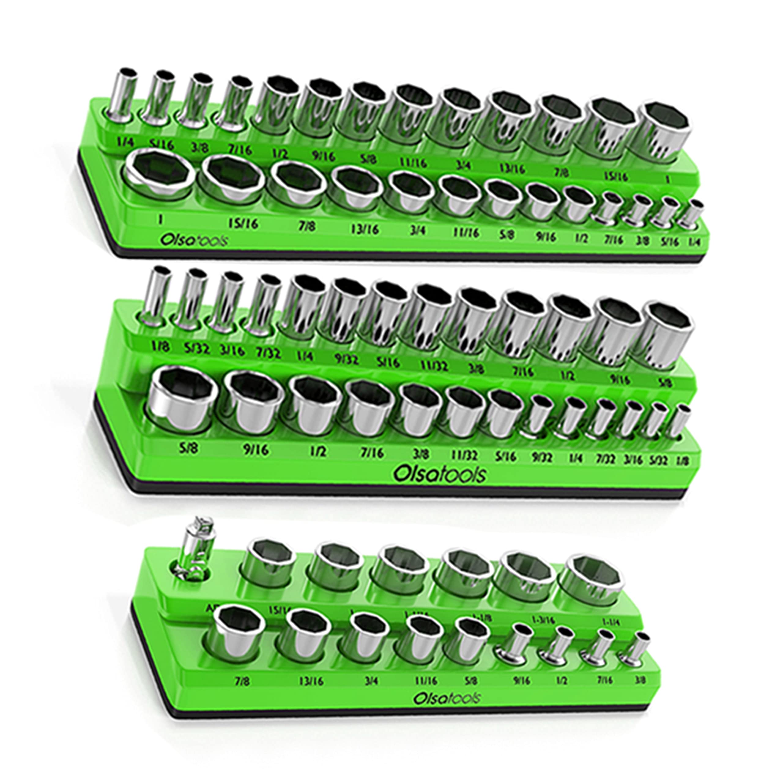 Olsa Tools Magnetic Socket Organizer  3 Piece Socket Holder Kit  1/2-inch, 3/8-inch, & 1/4-inch Drive  SAE Green  Holds 68 Socke
