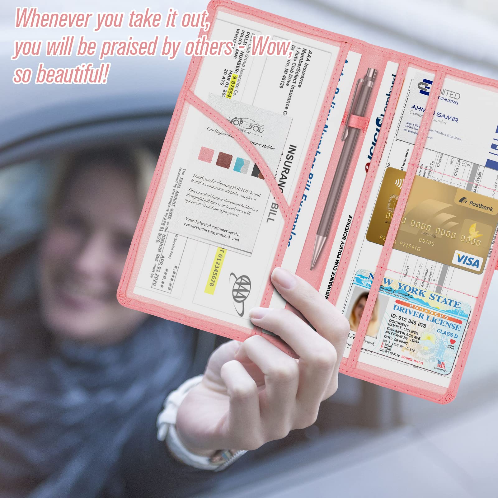 Foryou Car Registration And Insurance Holder With Magnetic Closure, Auto Truck Document Vehicle Glove Box Paperwork Organizer Wallet For Accessories Case, License, Card (Pink)