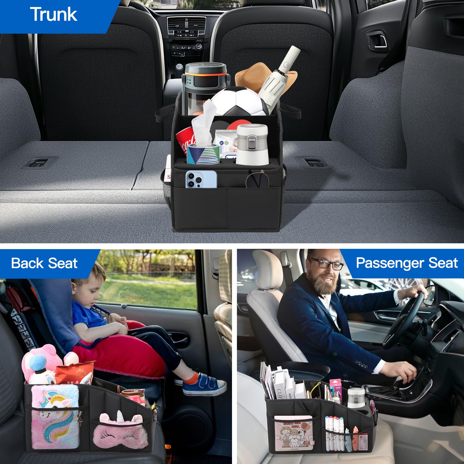 Car Seat Organizer,WHHMK Premium PU Leather Backseat Car Organizer Keep Tidy,Car Storage with 11 Storage Compartments and 2 Larg