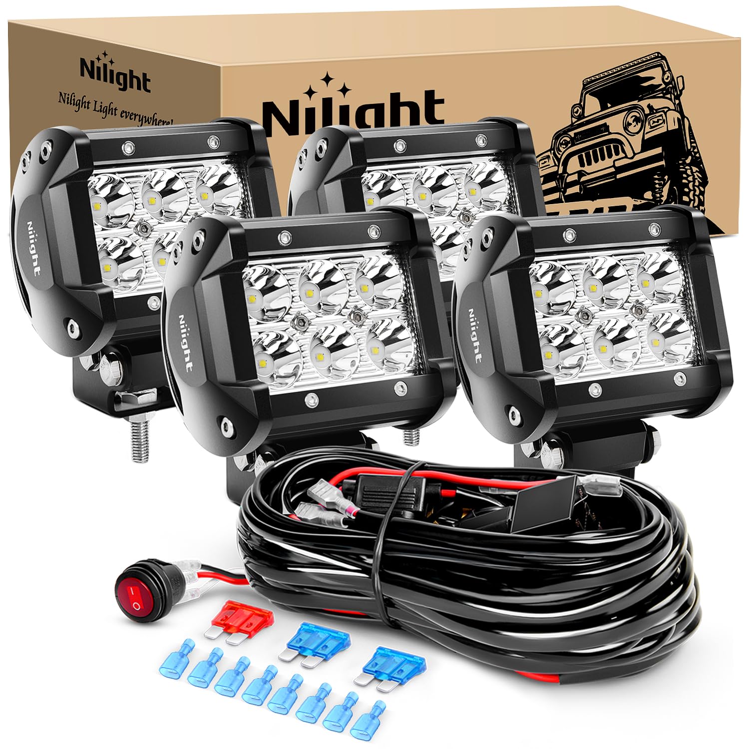 Nilight 4Pcs 4 Inch 18W Spot Led Light Bars Led Work Lights Led Fog Lights Off Road Driving Lights With Off Road Wiring Harness