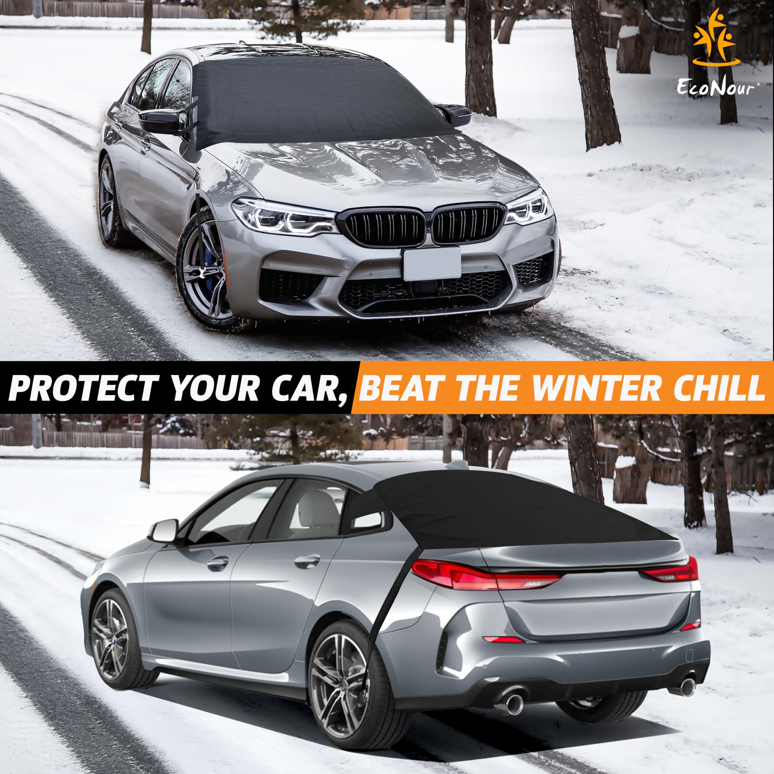 Econour Car Windshield Snow Cover Front And Rear Bundle | Upgraded 600D Oxford Fabric | Water, Heat & Sag-Proof Windshield Snow