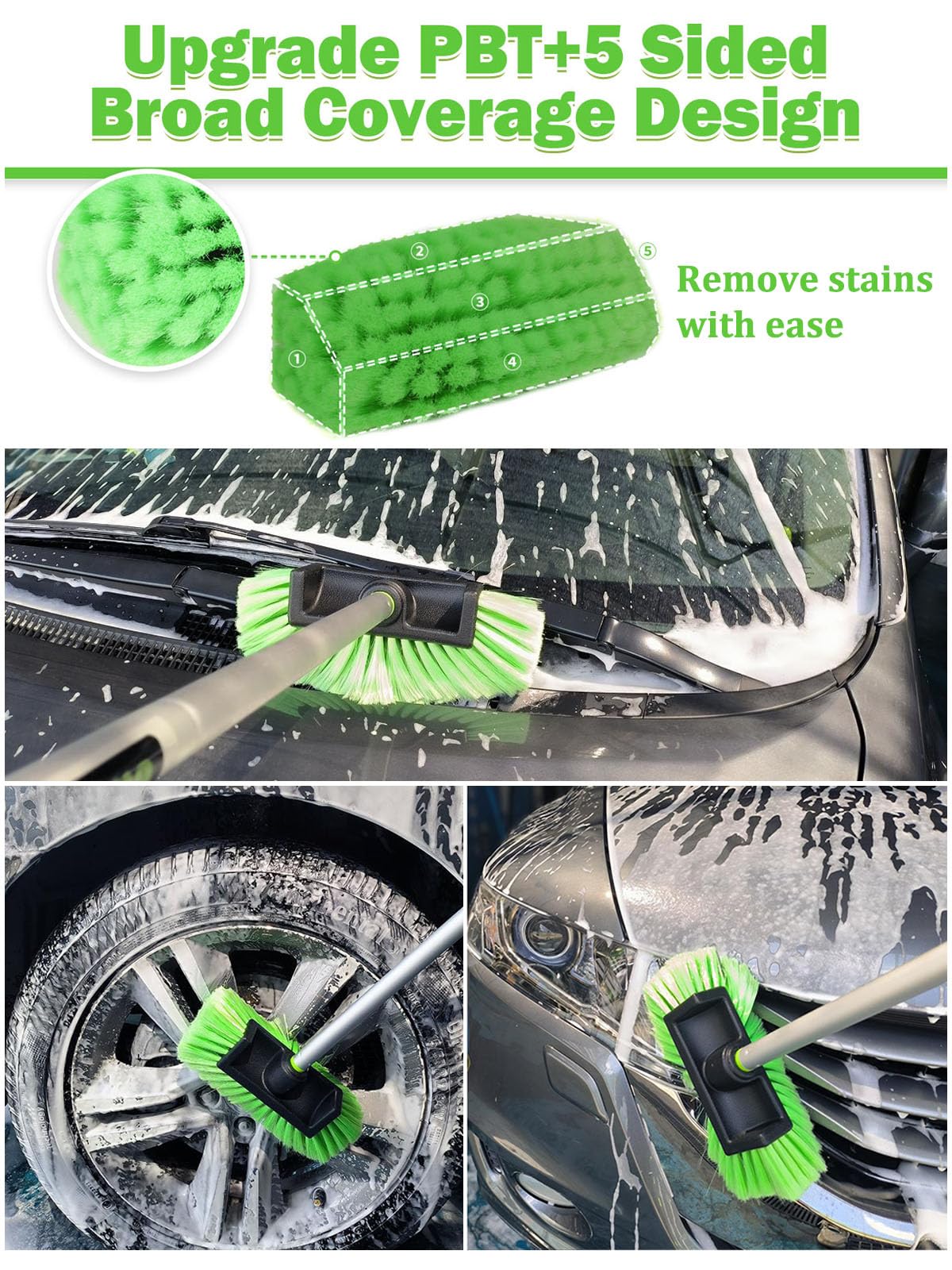 Jisejima Five-Sided Car Wash Brush With Long Handle,Soft Bristle Scrub Cleaning Mop With Extendable Handle For Car, Suv, Truck,