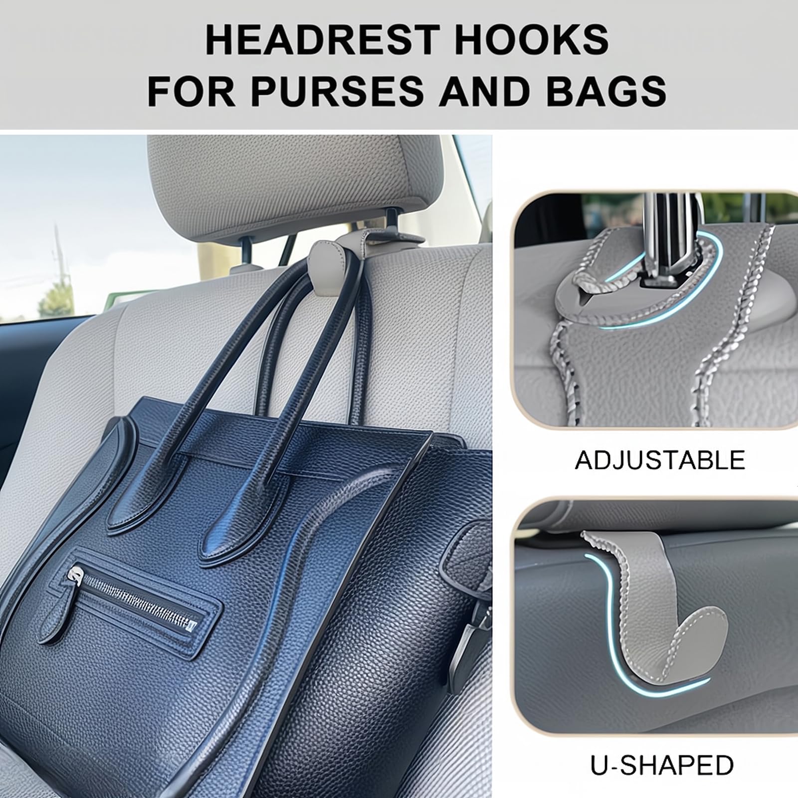 Eldhus Car Seat Hooks For Purses And Bags, 4 Pack Car Purse Holder For Grocery Bag Handbag Clothes, Metal Headrest Hooks Covered