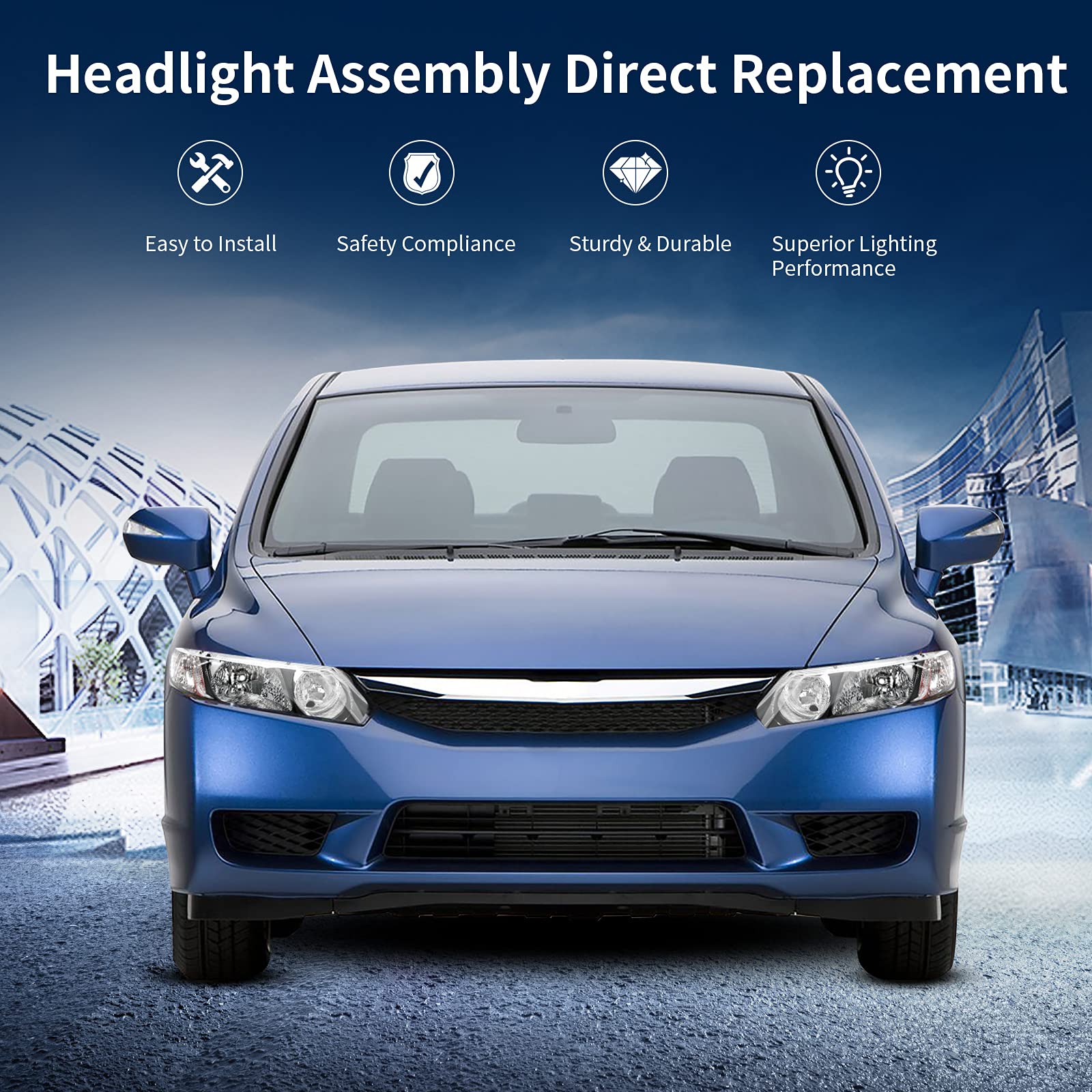 Autosaver88 Led Drl Headlights Assembly Compatible With 2006-2011 Civic Sedan 4-Door Headlamp Replacement Pair With Daytime Running Light Black Housing Clear Reflector