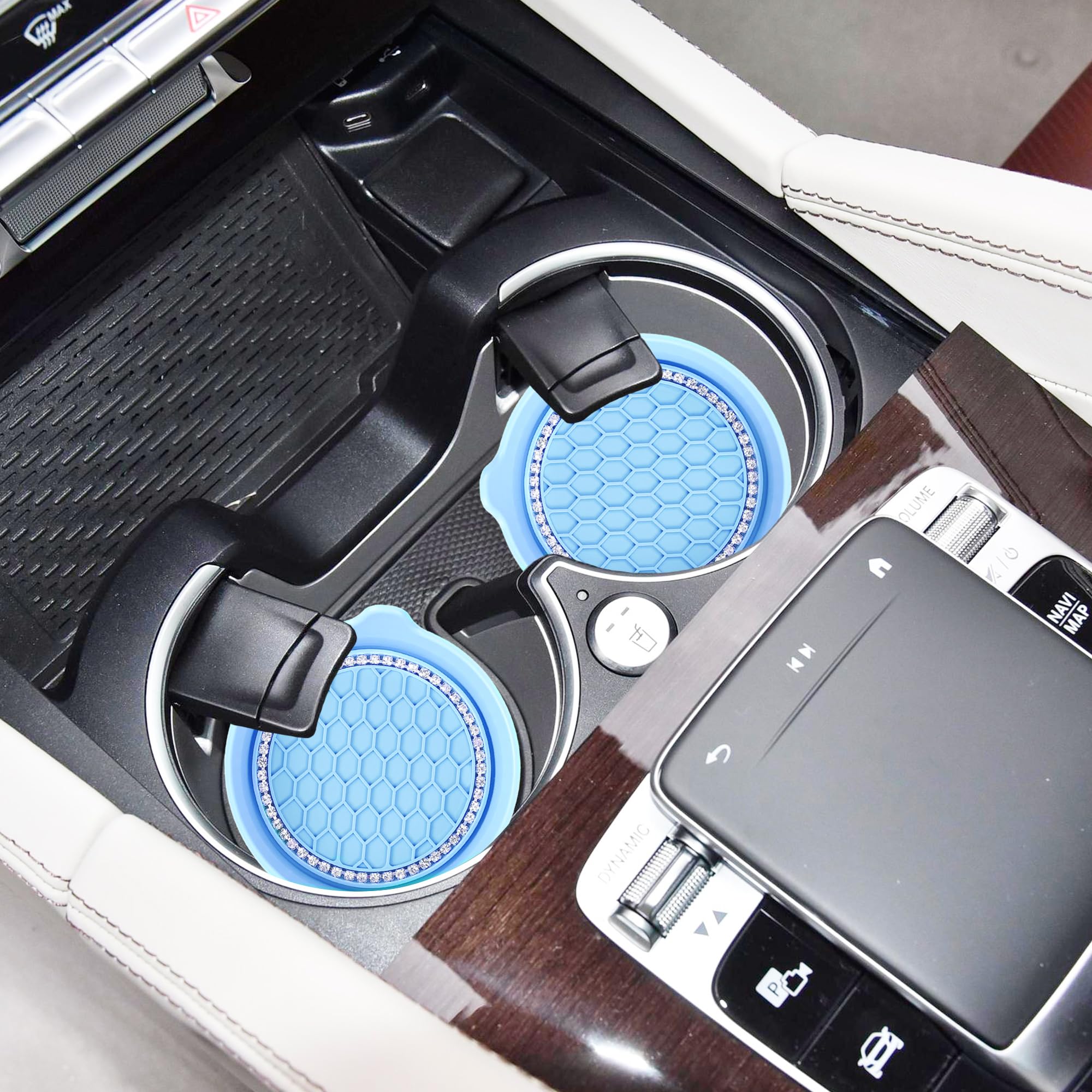 Amooca Car Cup Coaster Universal Non-Slip Cup Holders Bling Crystal Rhinestone Car Interior Accessories 4 Pack Light Blue