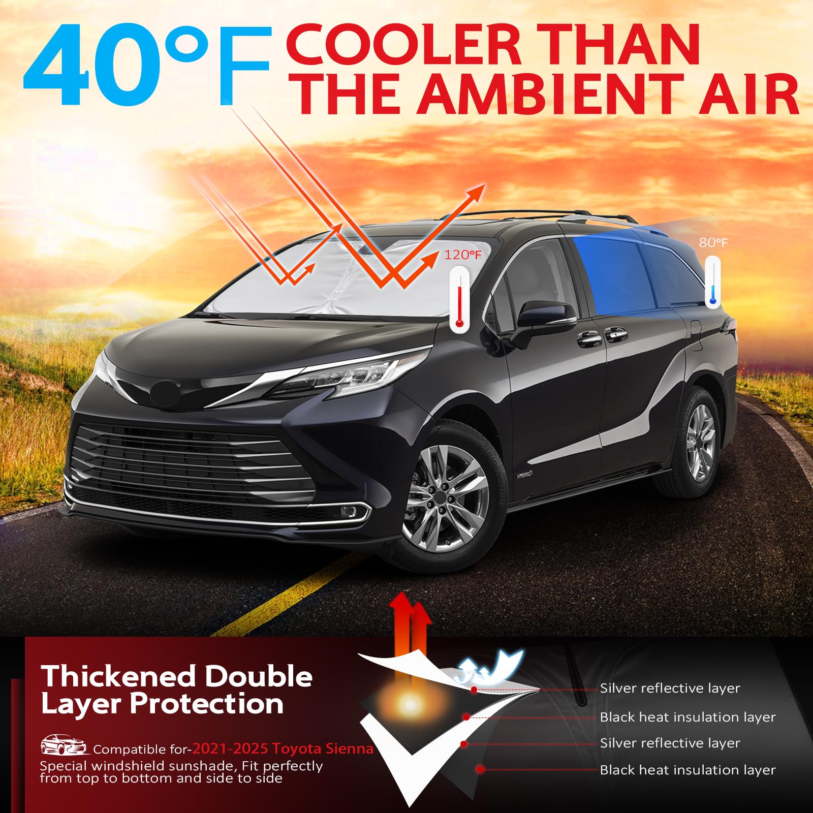 Kayzt Windshield Sun Shade For 2021-2025 Toyota Sienna Foldable Sunshade Front Window Custom Fit Car Accessories