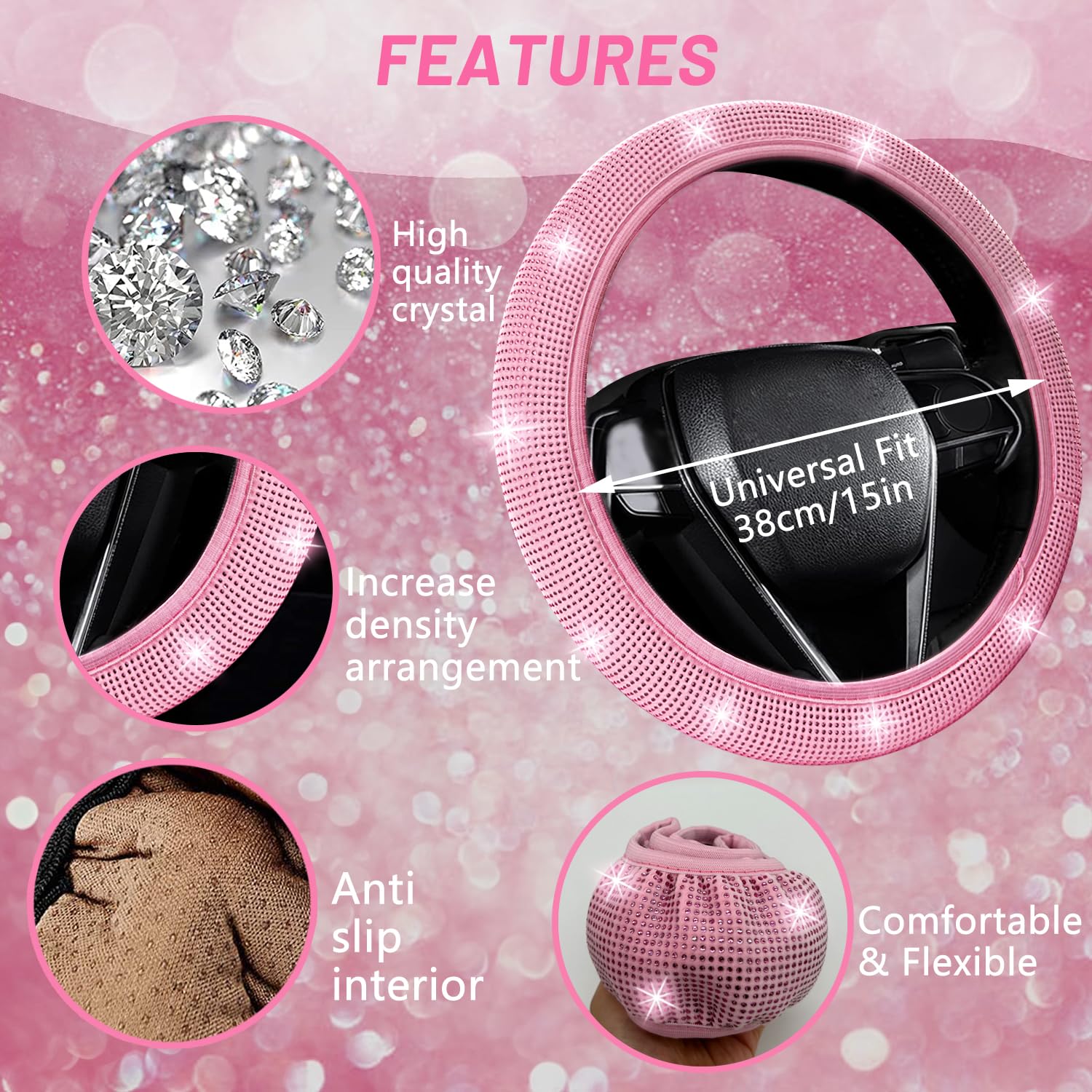 Nbtepem 27 Pcs Pink Bling Car Accessories Set For Women, Bling Steering Wheel Covers Universal Fit 15 Inch, Bling License Plate