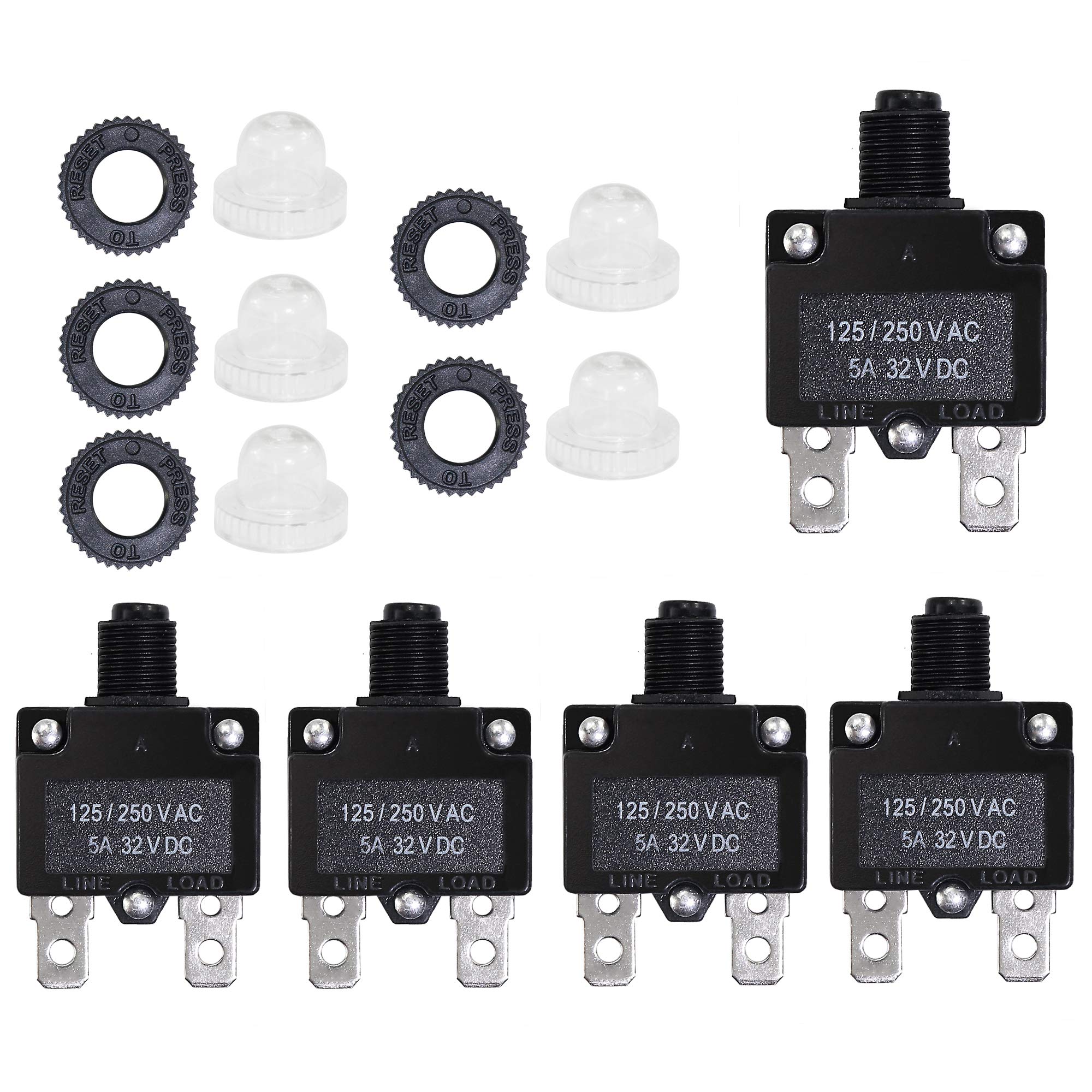 Fuzbaxy 5Pcs 5Amp Circuit Breakers With Manual Reset 32V Dc,Ac125-250V With Quick Connect Terminals