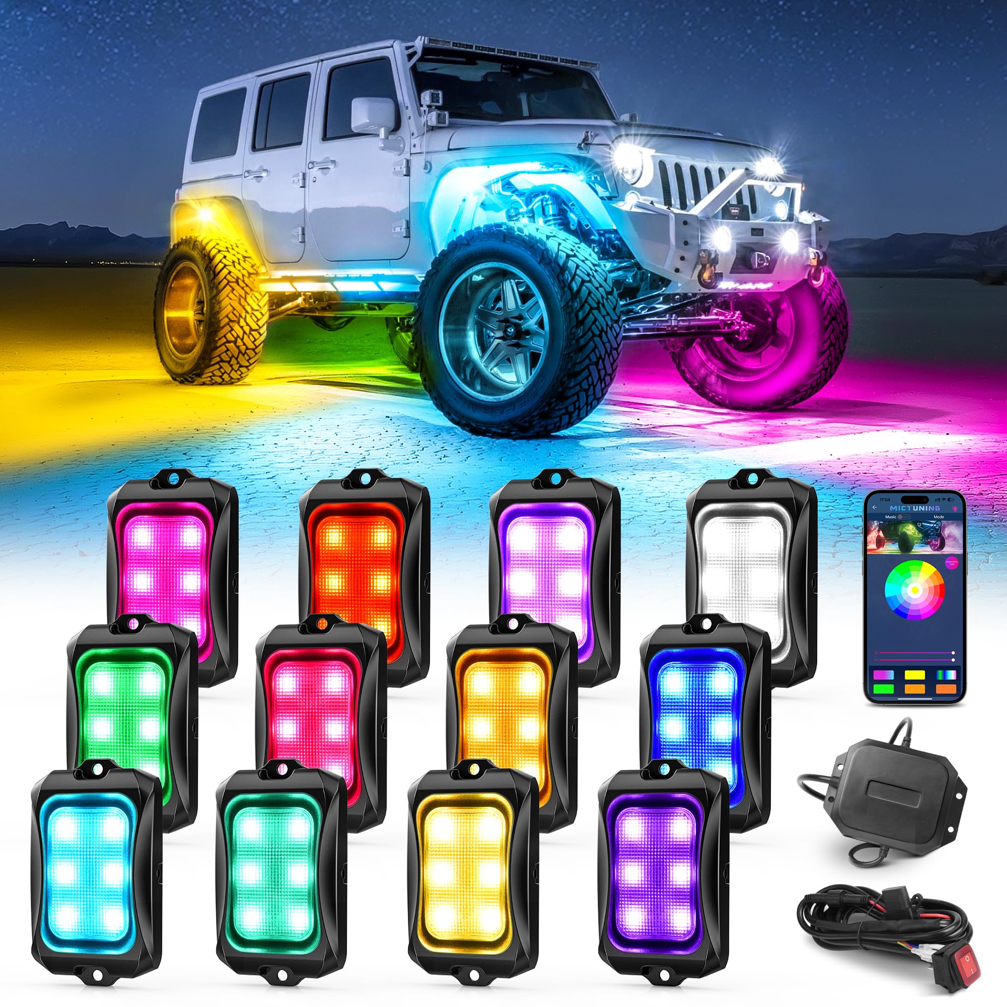 Mictuning Rgb+Ic Chasing Color Led Rock Lights, 12 Pods Underglow Neon Lighting Kit, Extensible Up To 24 Pods, Multi-Function Ap