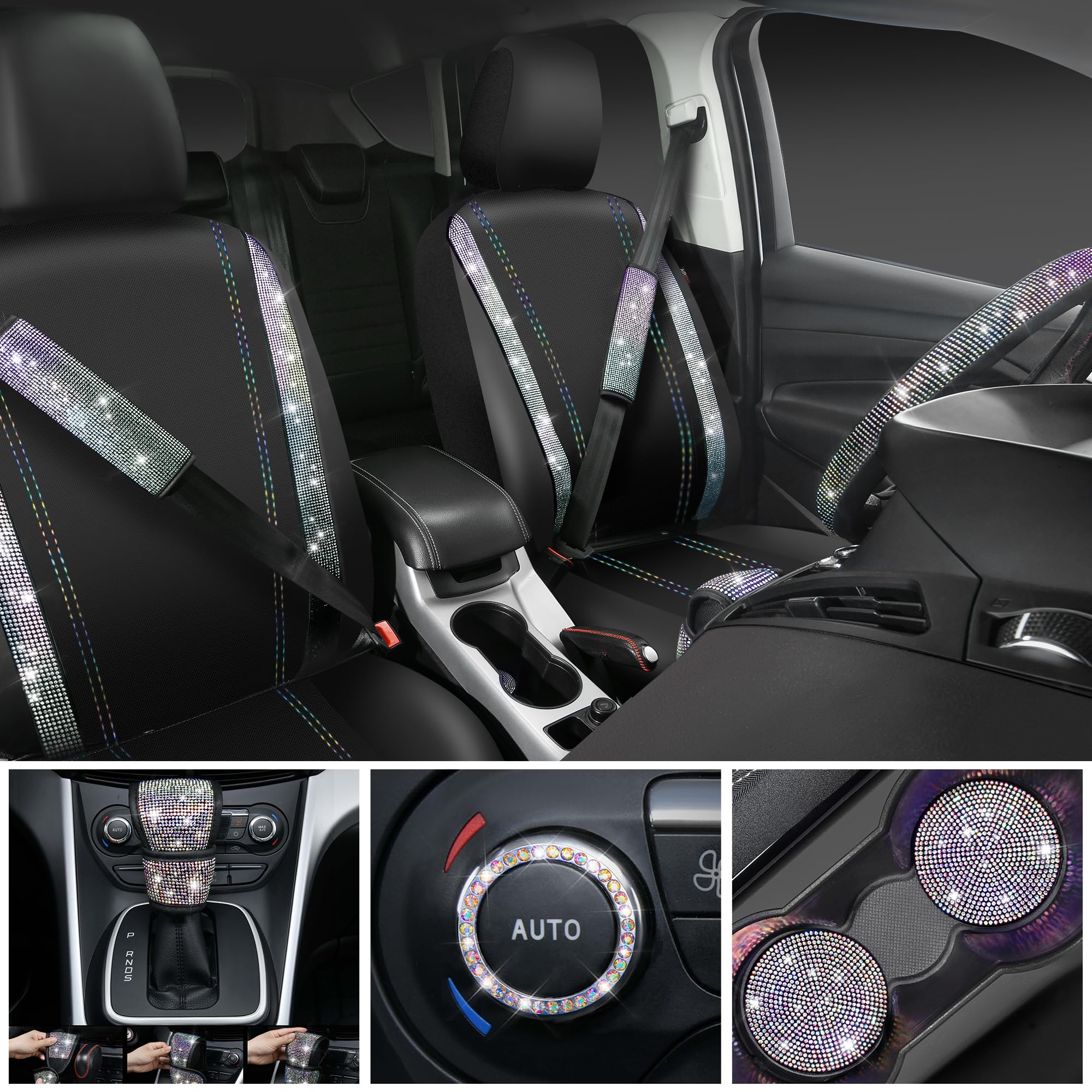 Car Pass Leather Diamond Bling Seat Covers Sets 12Pcs Bling Car Accessories Set For Women, Sparkly Rhinestone Steering Wheel Cov