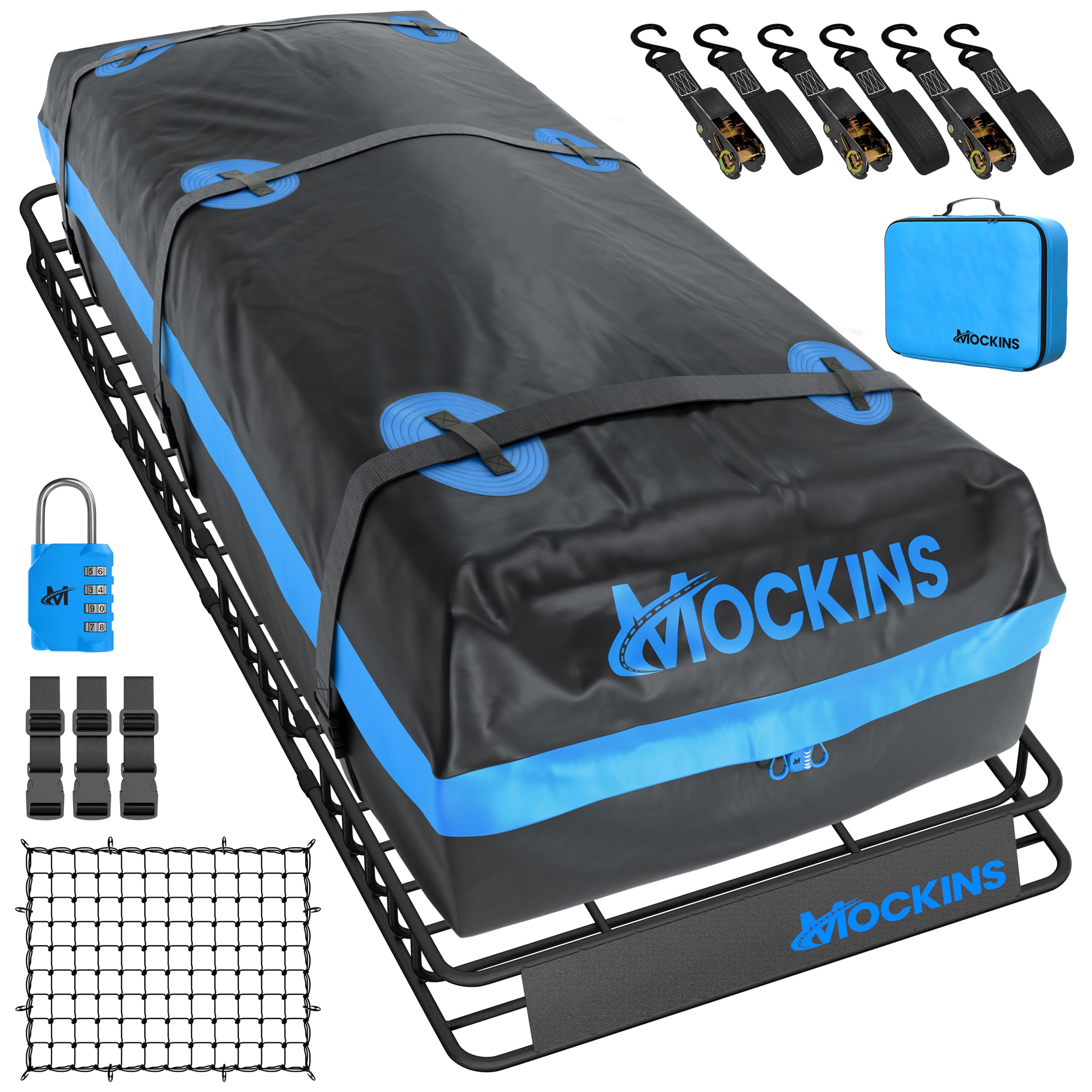 Mockins XL 84x39x6 Extendable Roof Rack Cargo Carrier & 35 CuFt Waterproof Cargo Bag for Top of Car | 3 Length Sizes: 40,63,84 L