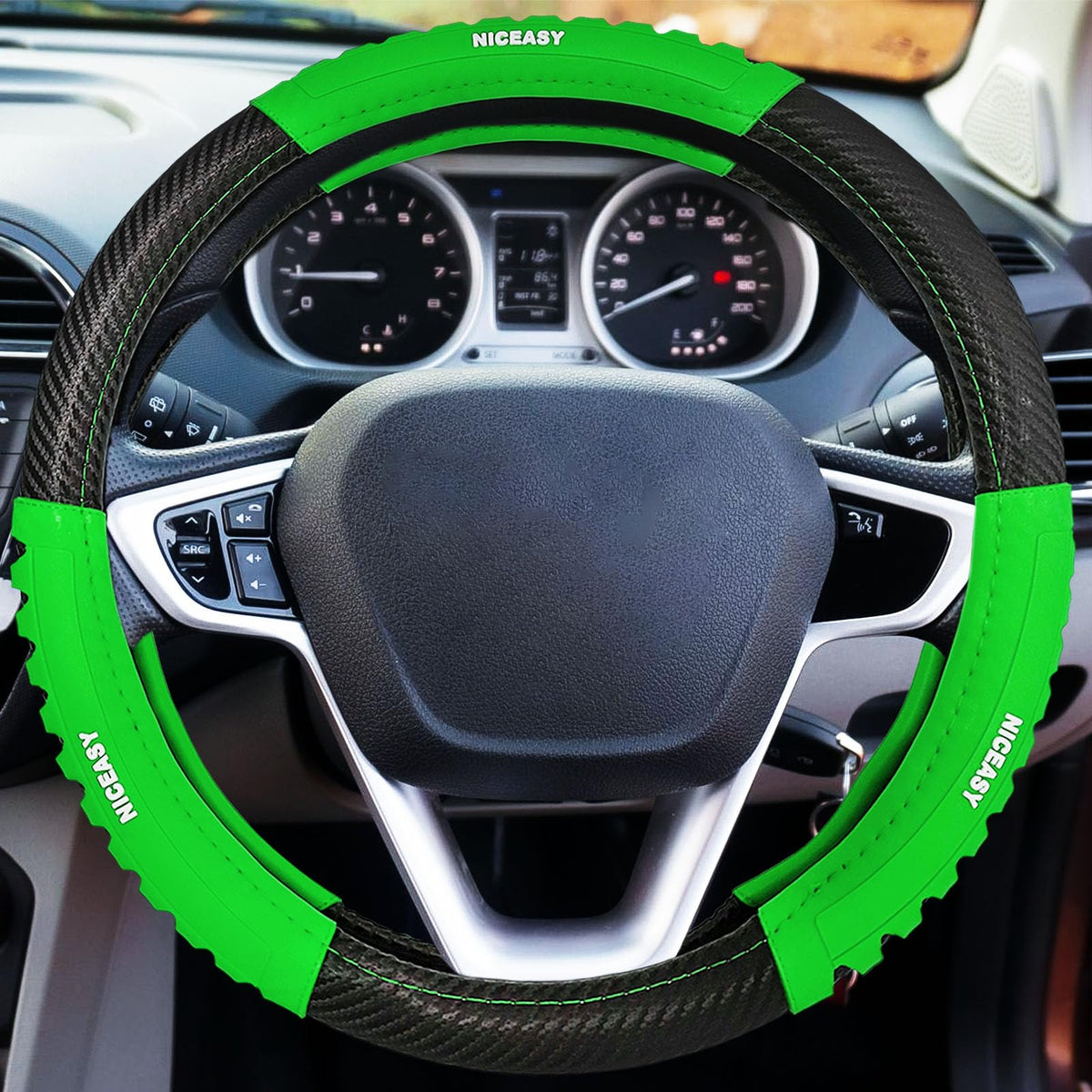 NICEASY Sport Style Black Carbon-Fiber Steering Wheel Cover with Green Grip Steering Wheel Accessory,Universal Fit 14.75-15 inch