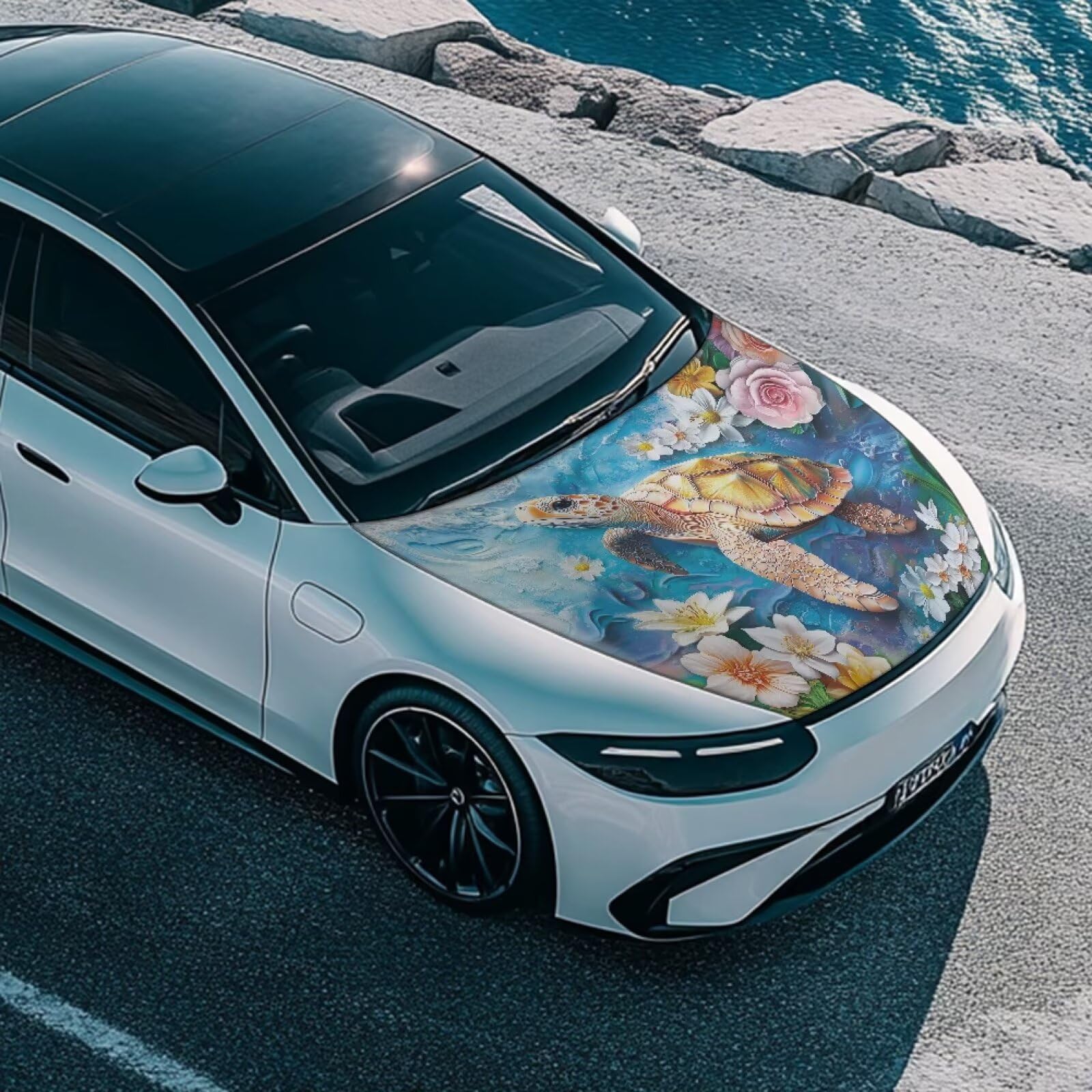 Qiyupavto 59  39 Inch Sea Turtle Print Car Hood Cover Protector for SUV Sedans Trucks, Elastic Polyester Waterproof Sun-Proof Au