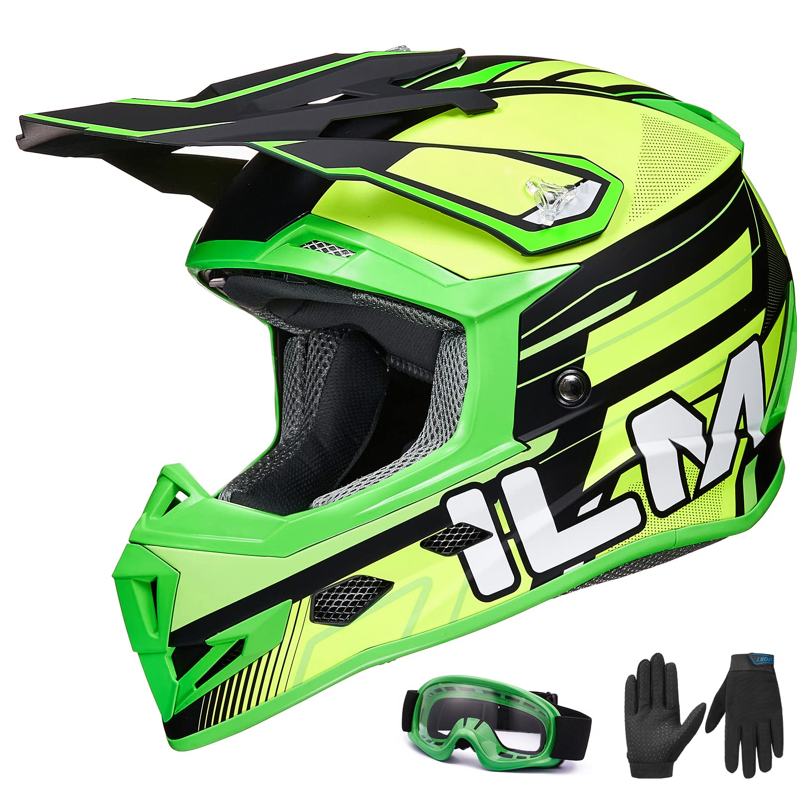 ILM Youth Kids Dirt Bike Helmets ATV Motocross Motorcycle Off-Road Dirtbike Full Face Dot Four Wheeler Helmet Combo Gloves Goggl