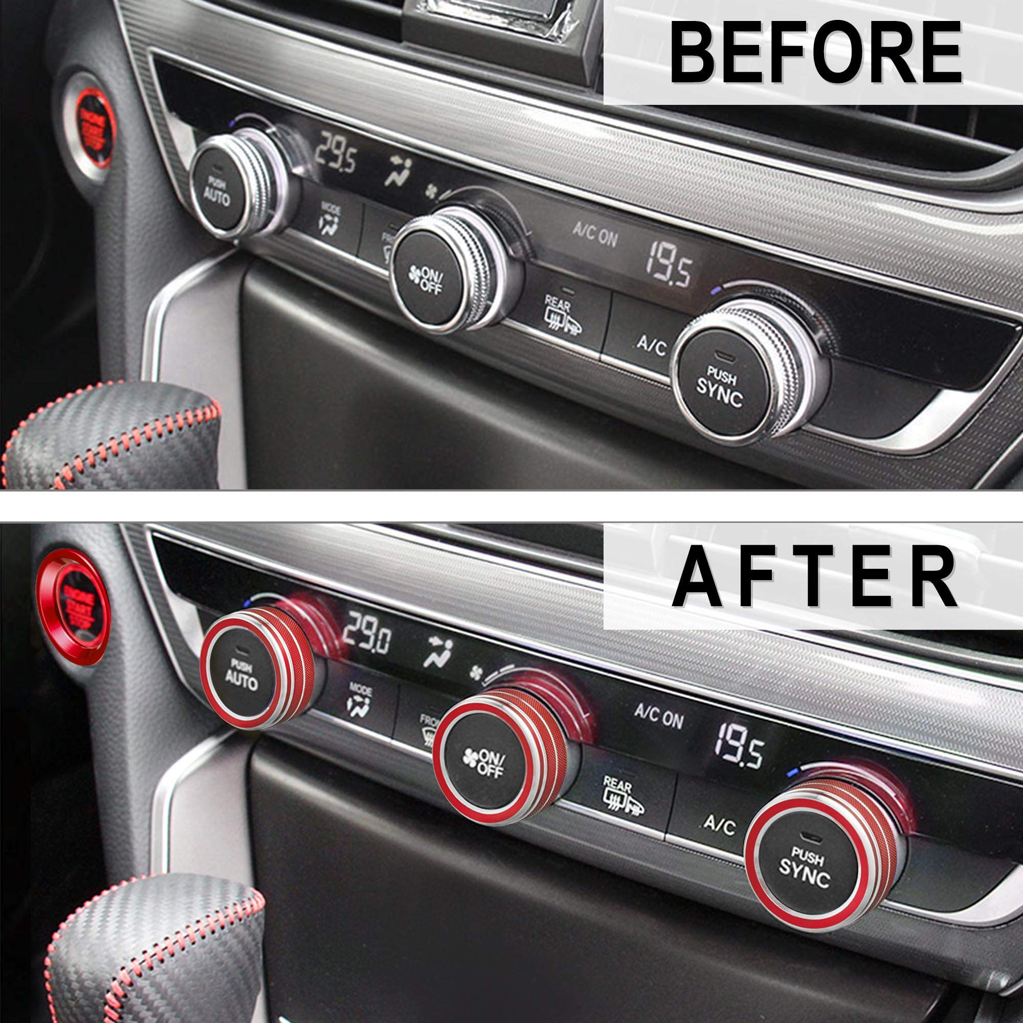 Tomall 6Pcs Aluminum Centre Console Switch Cover Compatible With Honda 10Th Accord Sedan Sport Ex Ex-L Lx 2018-2022 Sound Volume Knob Ac Air Conditioning Knob Engine Start Stop Button Cover Trim (Red)